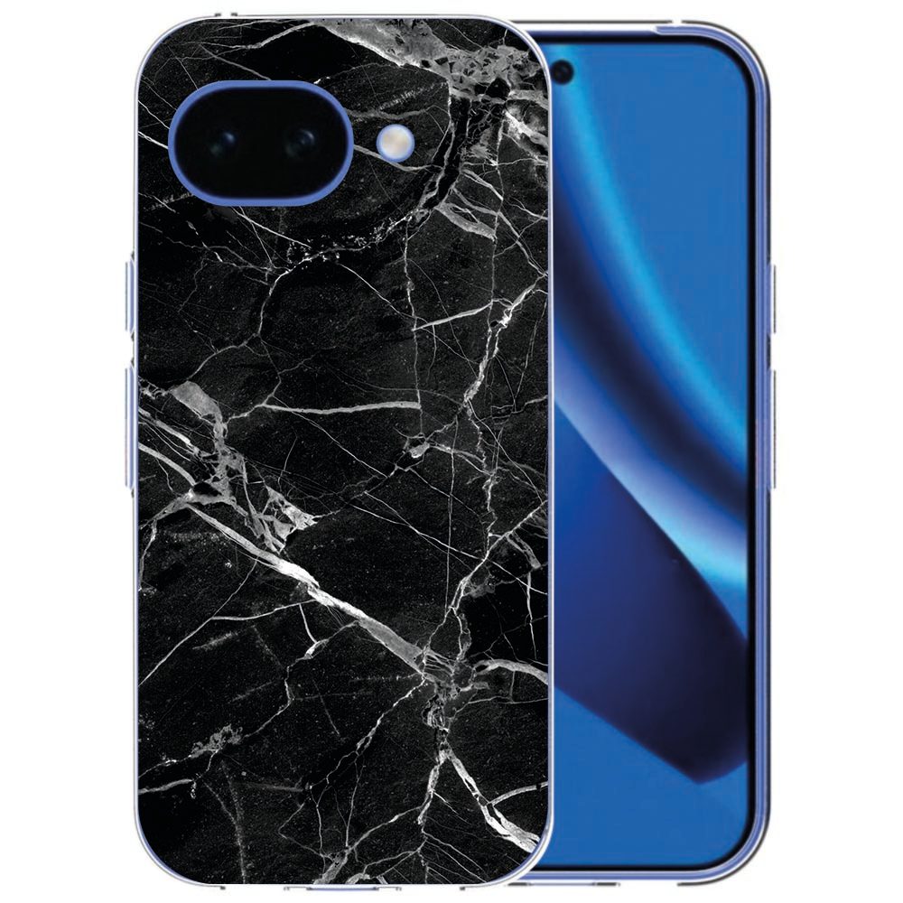 Siliconen hoesje Marmer Zwart voor de Google Pixel 10a, achterzijde met zwart marmerdesign