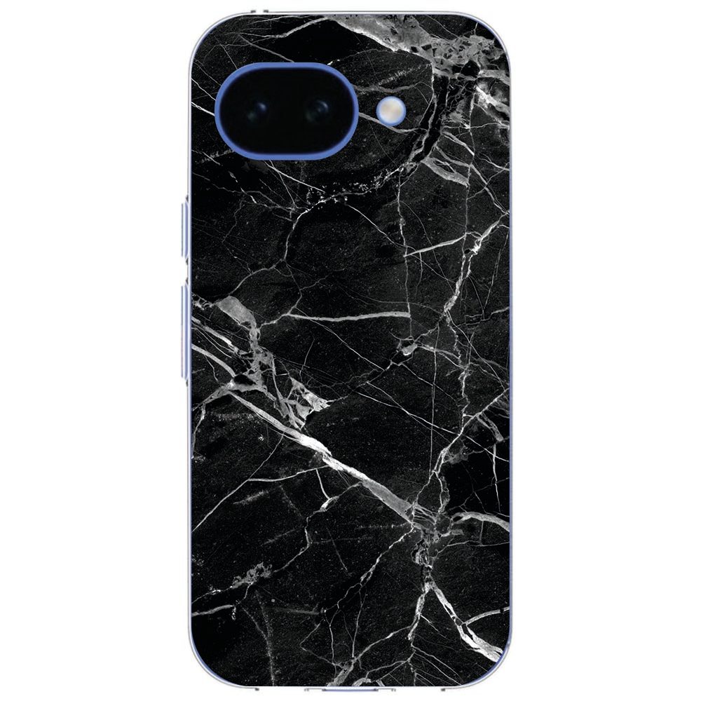 Google Pixel 10a in het Marmer Zwart hoesje, schuin aanzicht met zichtbare print