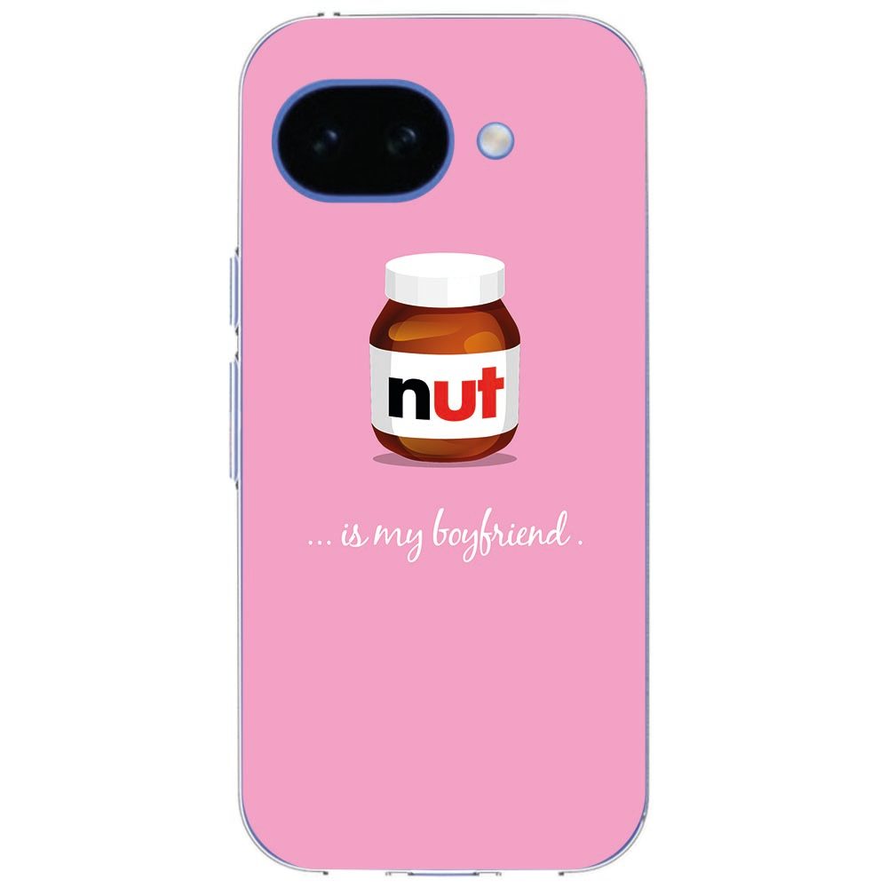 Google Pixel 10a in het Nut Boyfriend hoesje, detailweergave van de grappige print