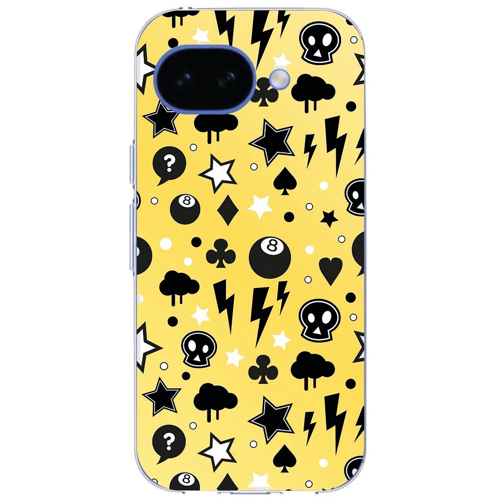 Google Pixel 10a in het Punk Yellow hoesje, close-up van de gele print bij het cameraeiland