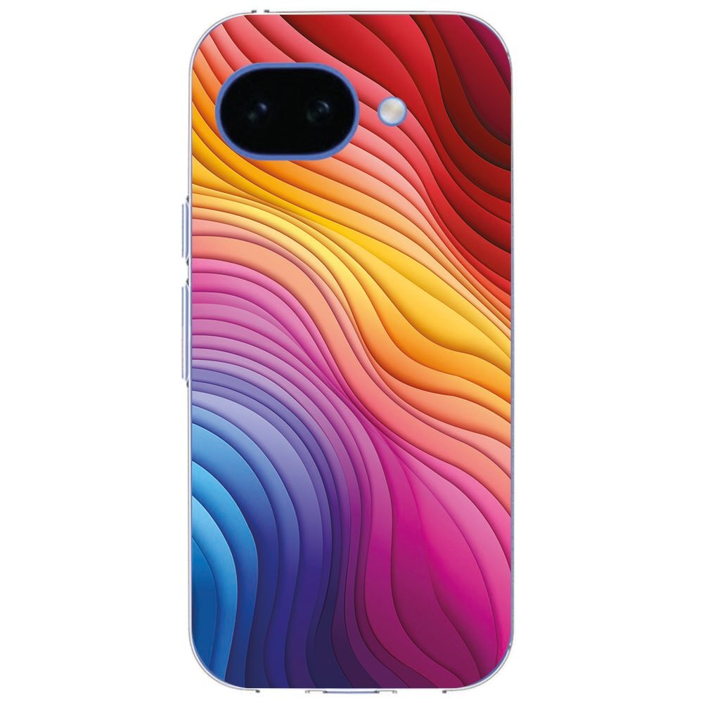 Schuin aanzicht van de Google Pixel 10a met Regenboog softcase, detail van het kleurverloop