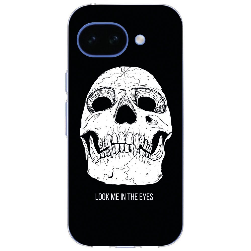 Detailopname van de schedelprint op het Skull Eyes hoesje om een Google Pixel 10a
