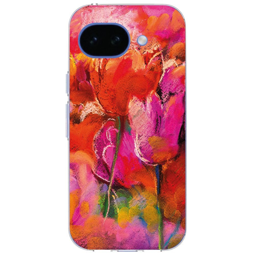 Google Pixel 10a Tulips hoesje liggend met detail van de bloemenprint