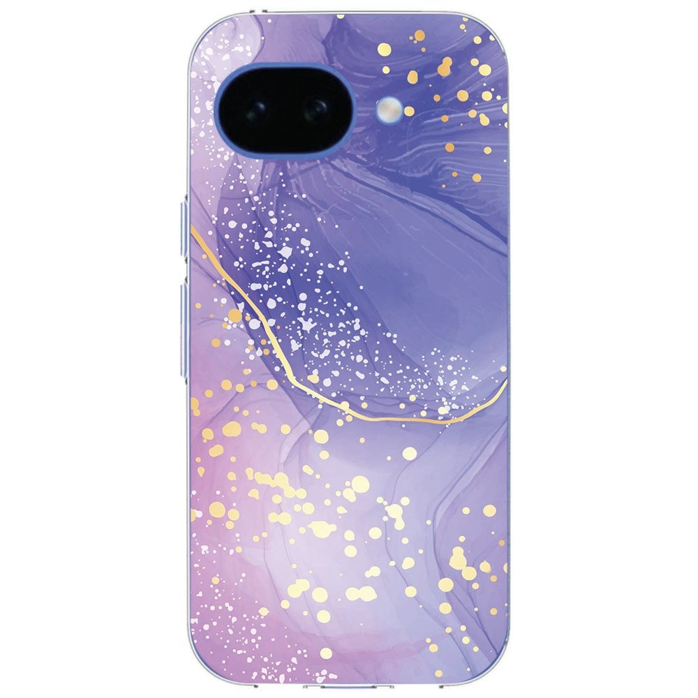 Watercolor Paars hoesje om de Google Pixel 10a, schuin aanzicht met zicht op het cameraeiland