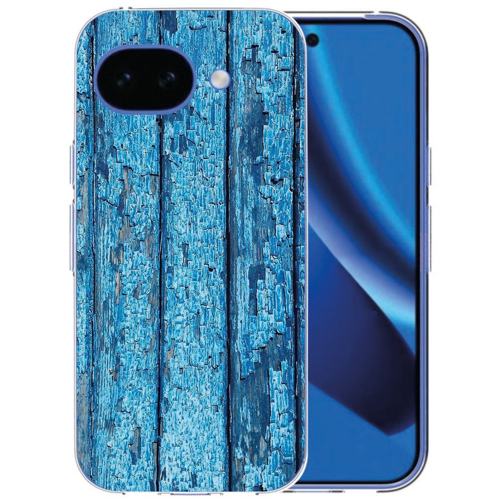 Siliconen hoesje Wood Blue met blauwe houtlook om de Google Pixel 10a
