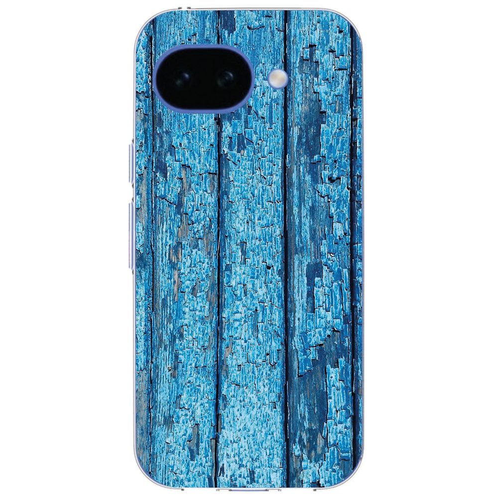 Blauwe houtnerfprint van het Wood Blue hoesje voor de Google Pixel 10a in detail