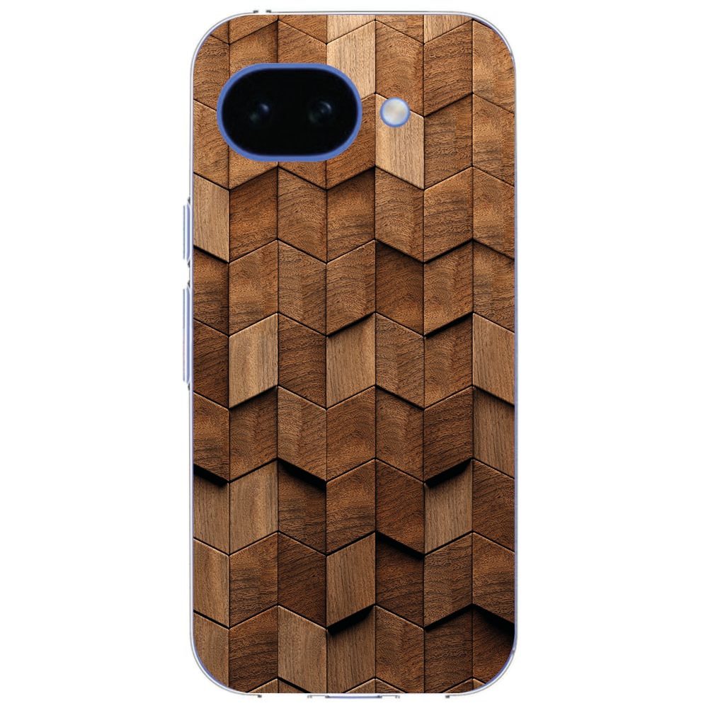 Wooden Cubes hoesje voor de Google Pixel 10a, schuin aanzicht met verhoogde cameraranden