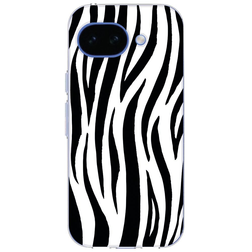 Achterzijde van de Google Pixel 10a in het Zebra softcase hoesje, close-up van de strepen