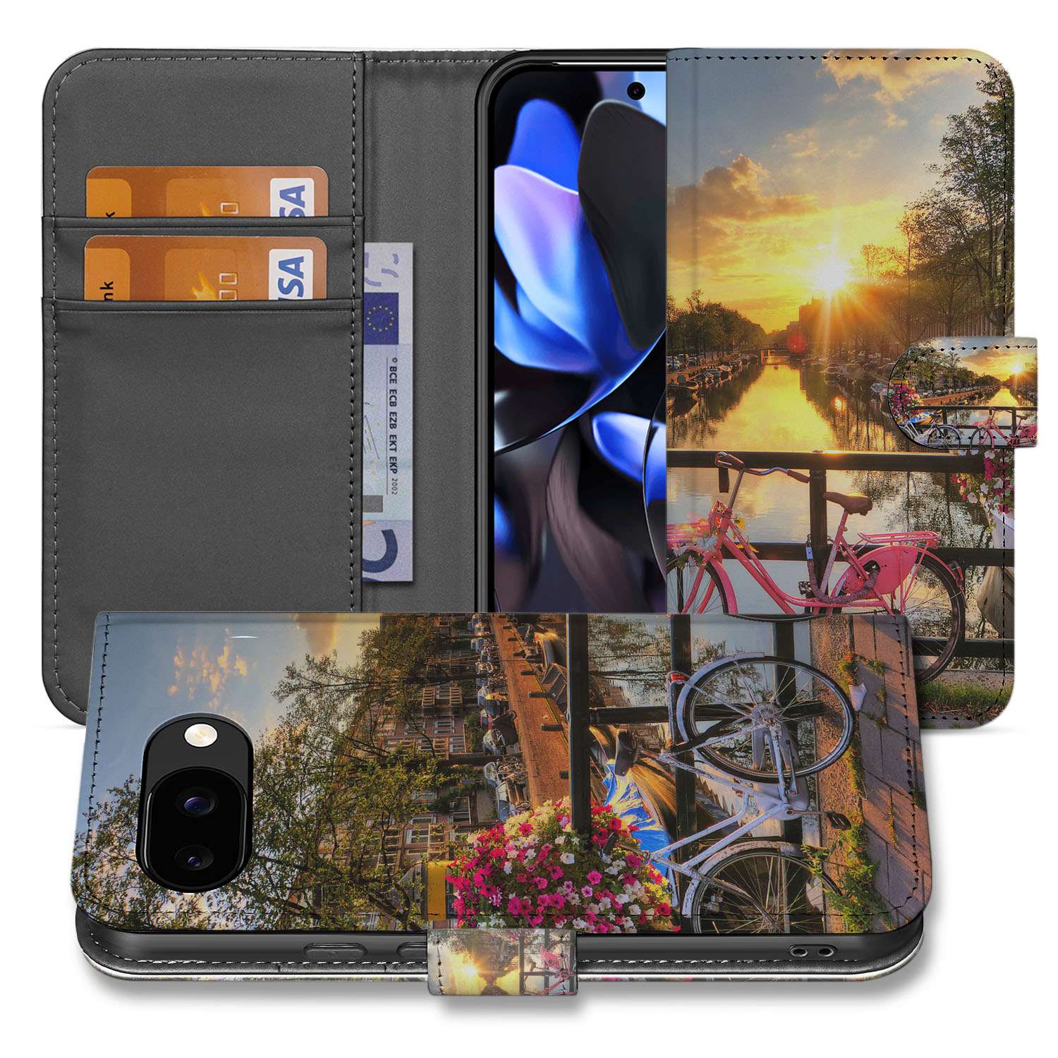 Google Pixel 9a Book Case & Portemonnee Hoesje Amsterdamse Grachten voorzijde design Amsterdamse Grachten