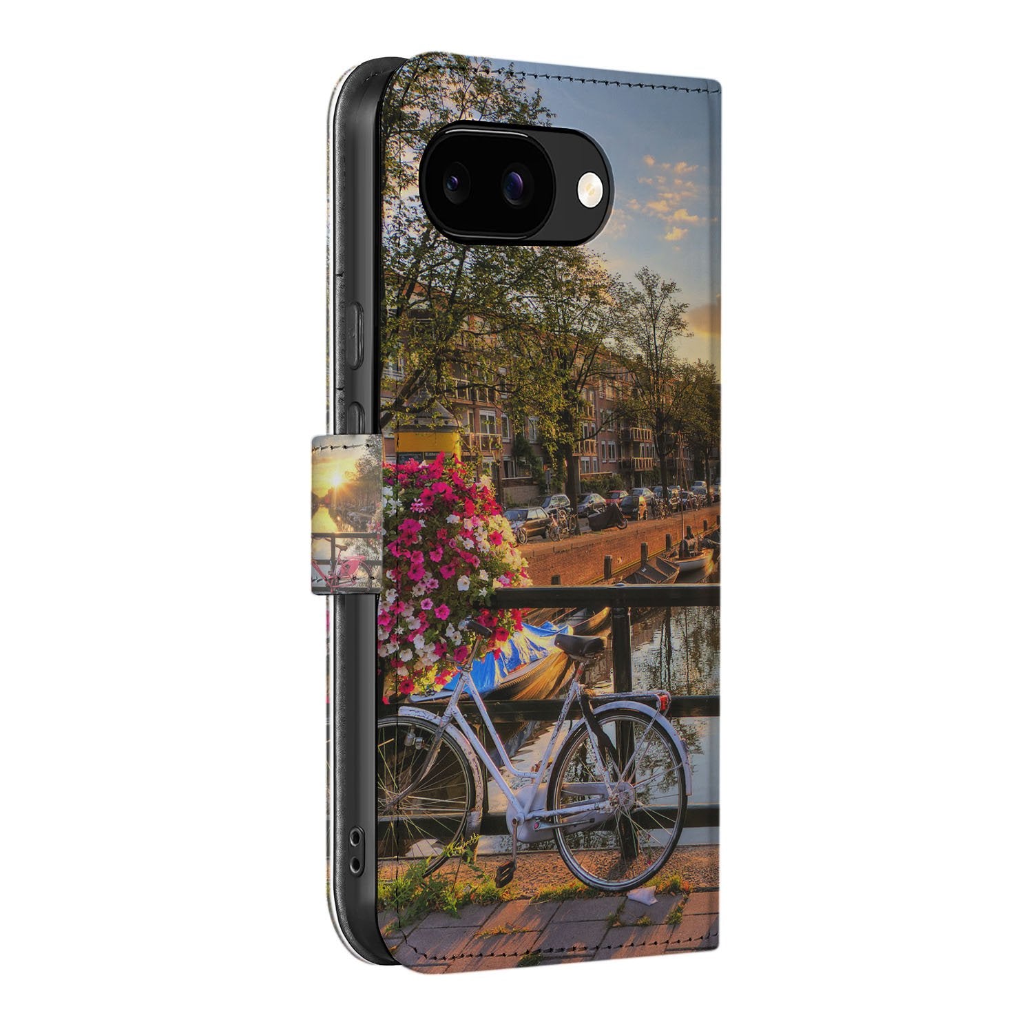 Google Pixel 9a Book Case & Portemonnee Hoesje Amsterdamse Grachten fiets bloemen aanzicht