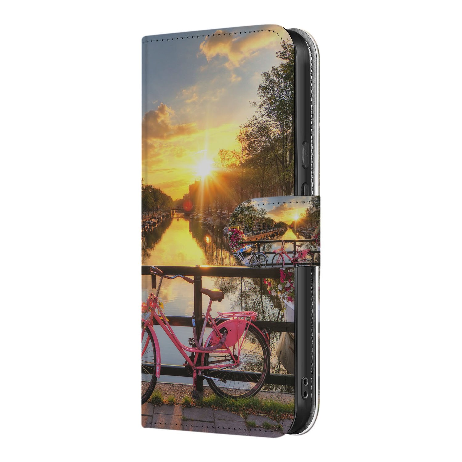 Google Pixel 9a Book Case & Portemonnee Hoesje Amsterdamse Grachten fiets water zonsondergang