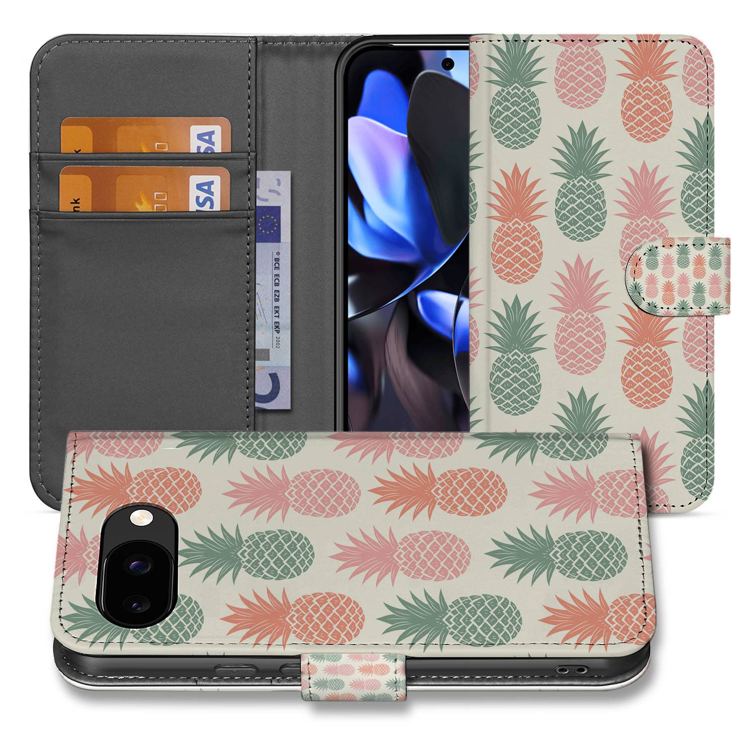 Ananas VibeBook Google Pixel 9a Book Case En Portemonnee Hoesje ananasprint roze groen beige vooraanzicht