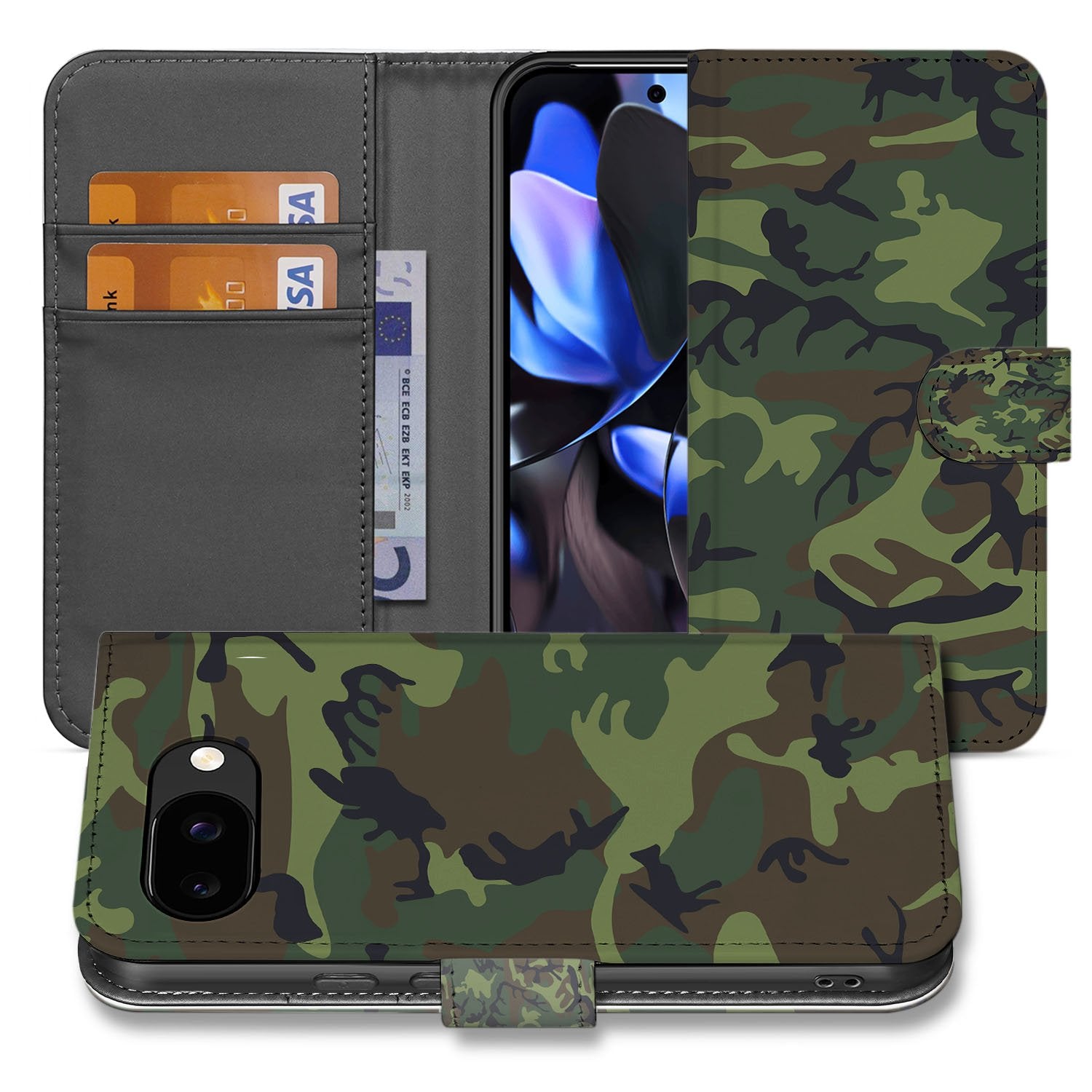 Army Dark Camouflage Google Pixel 9a Portemonnee Hoesje bookcase voorkant achterkant