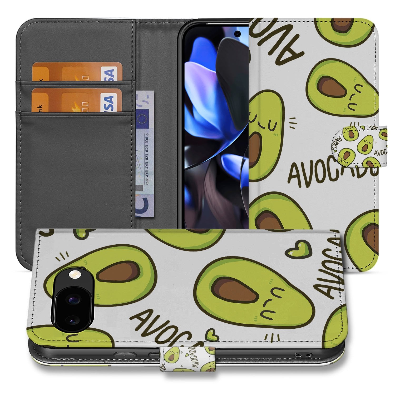 Avocado Singing Google Pixel 9a Book Case Groen Met Drie Kaarten Vakken En Kunstleer Bescherming vooraanzicht