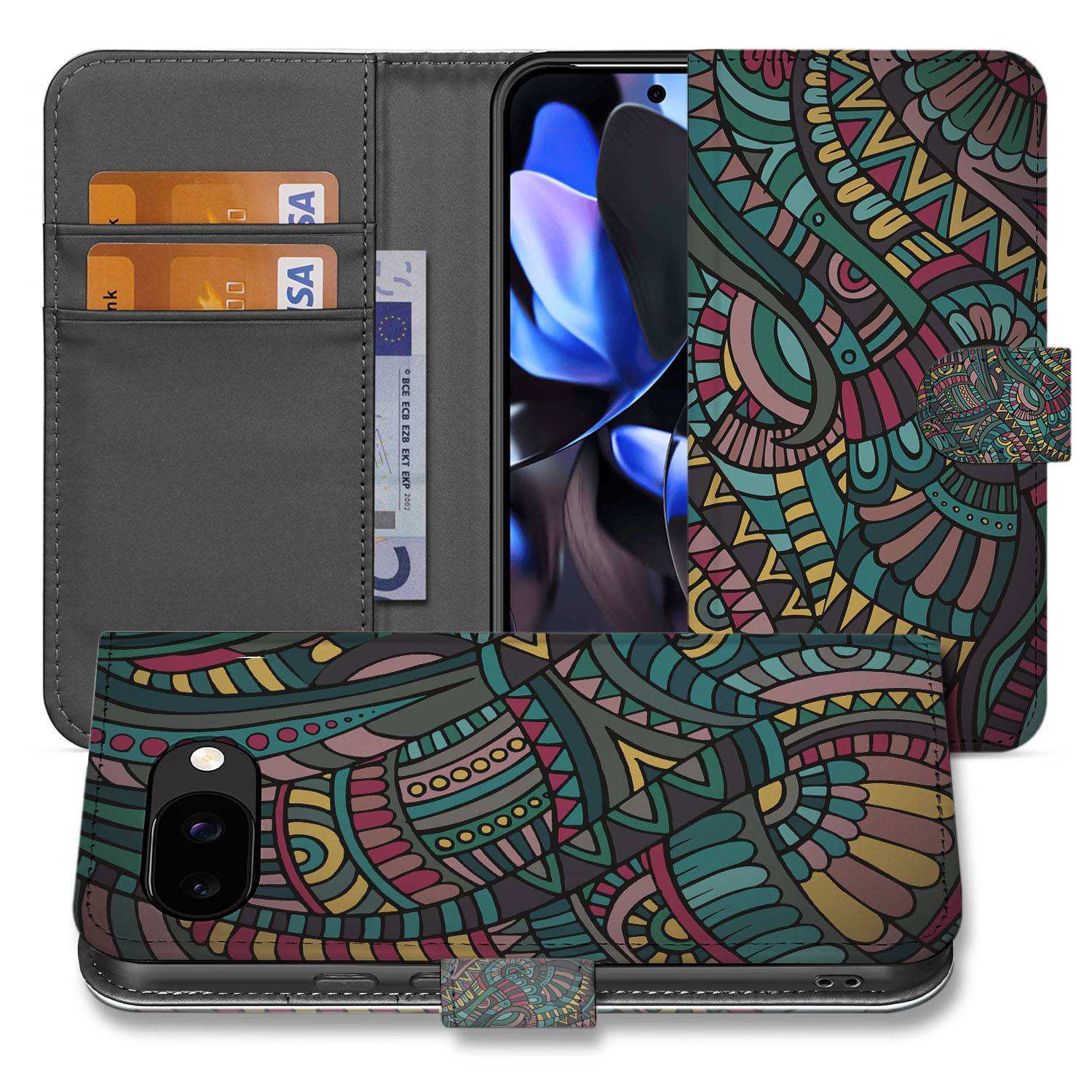 Aztec Google Pixel 9a Bookcase Hoesje portemonnee design kleurrijk aanzicht