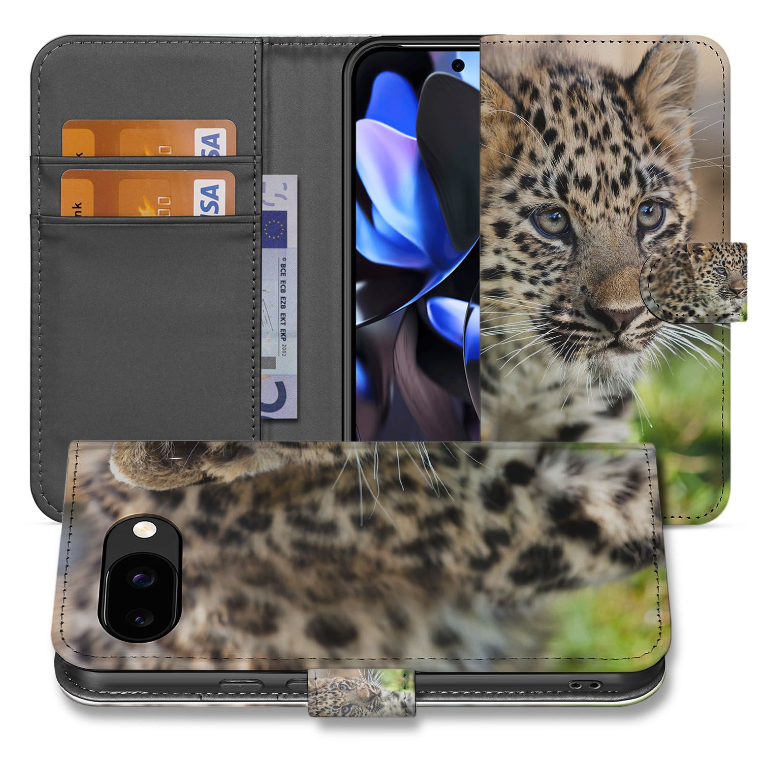 Baby Luipaard Google Pixel 9a Bookcase Hoesje leopard print voorkant zicht