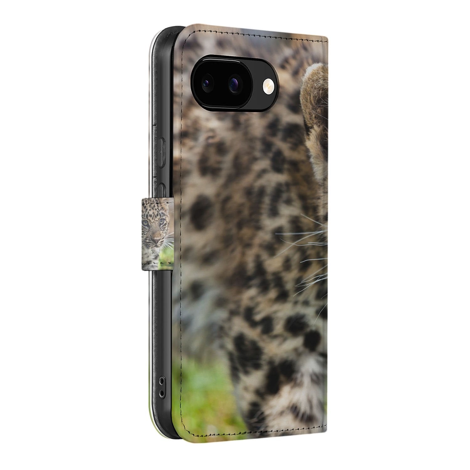 Baby Luipaard Google Pixel 9a Bookcase Hoesje zijaanzicht design met luipaardprint