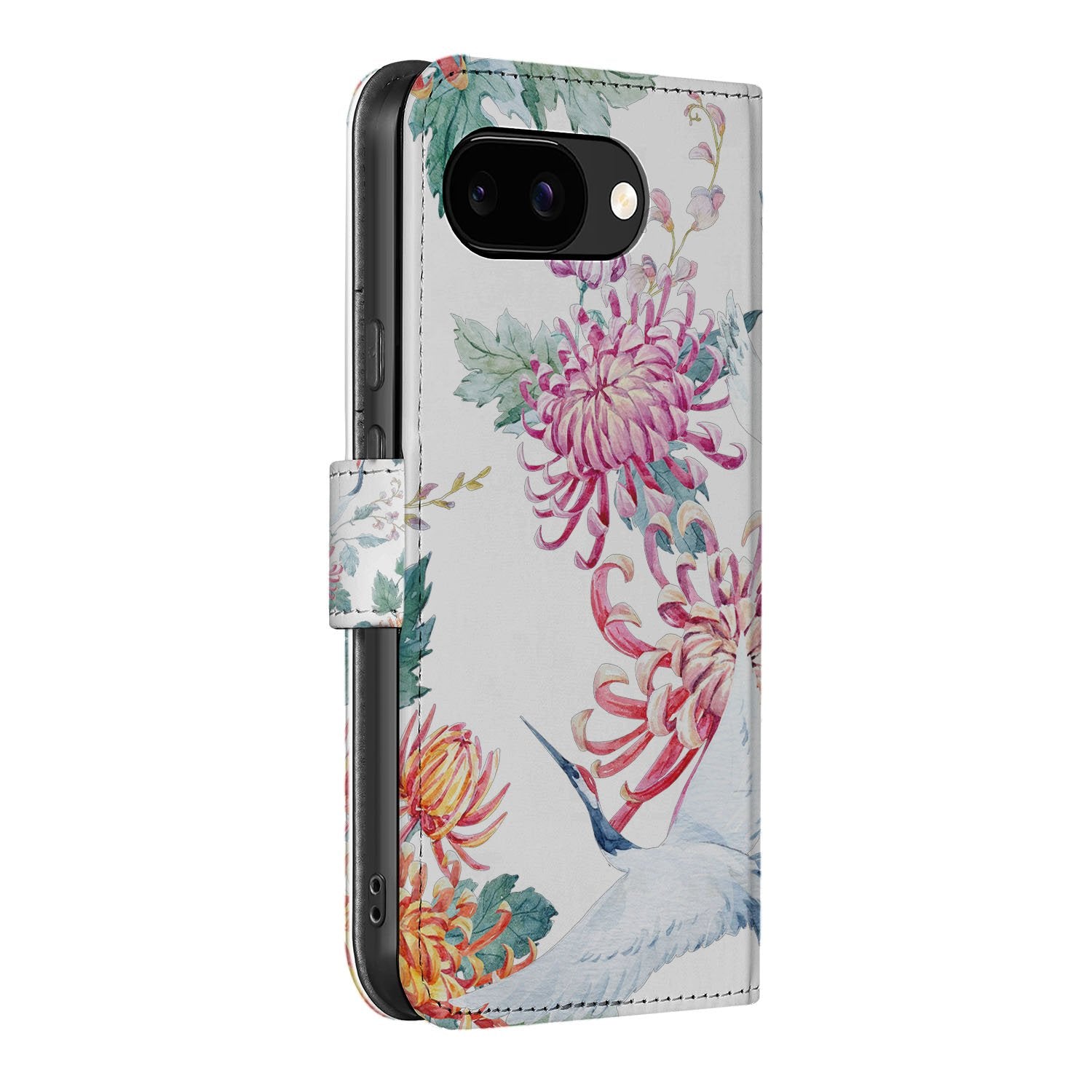 Google Pixel 9a Bird Flowers Print Bookcase Portemonnee Hoesje zijaanzicht
