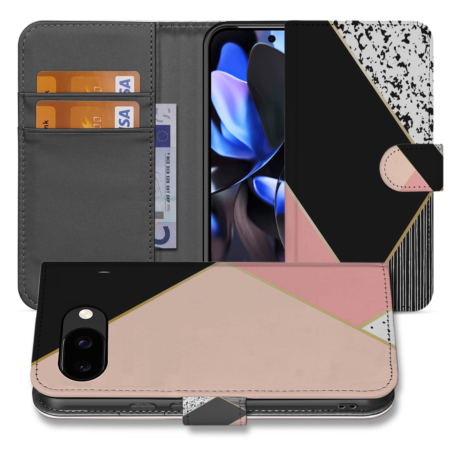 Abstracte Google Pixel 9a Portemonnee Hoesje Abstract Black Pink Shapes aanzicht