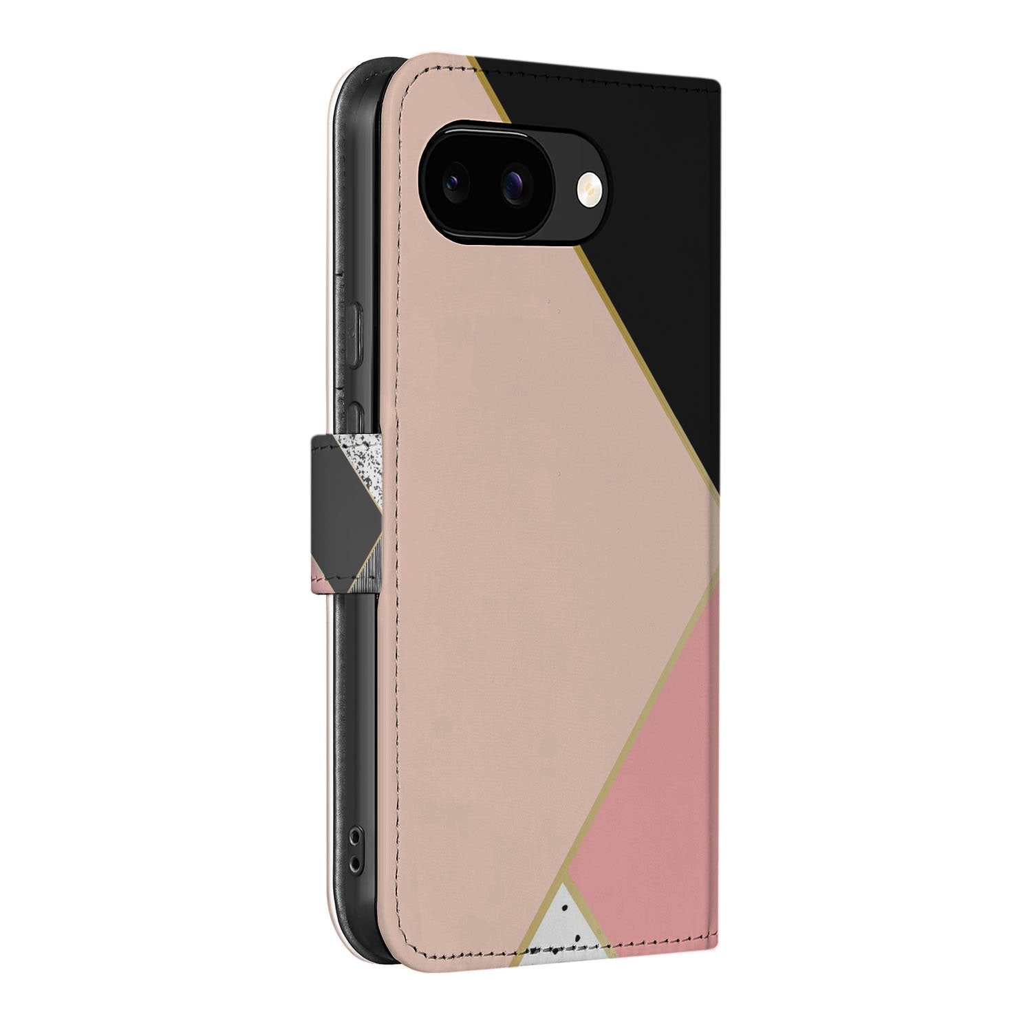 Abstracte Google Pixel 9a Portemonnee Hoesje Abstract Black Pink Shapes zijkant