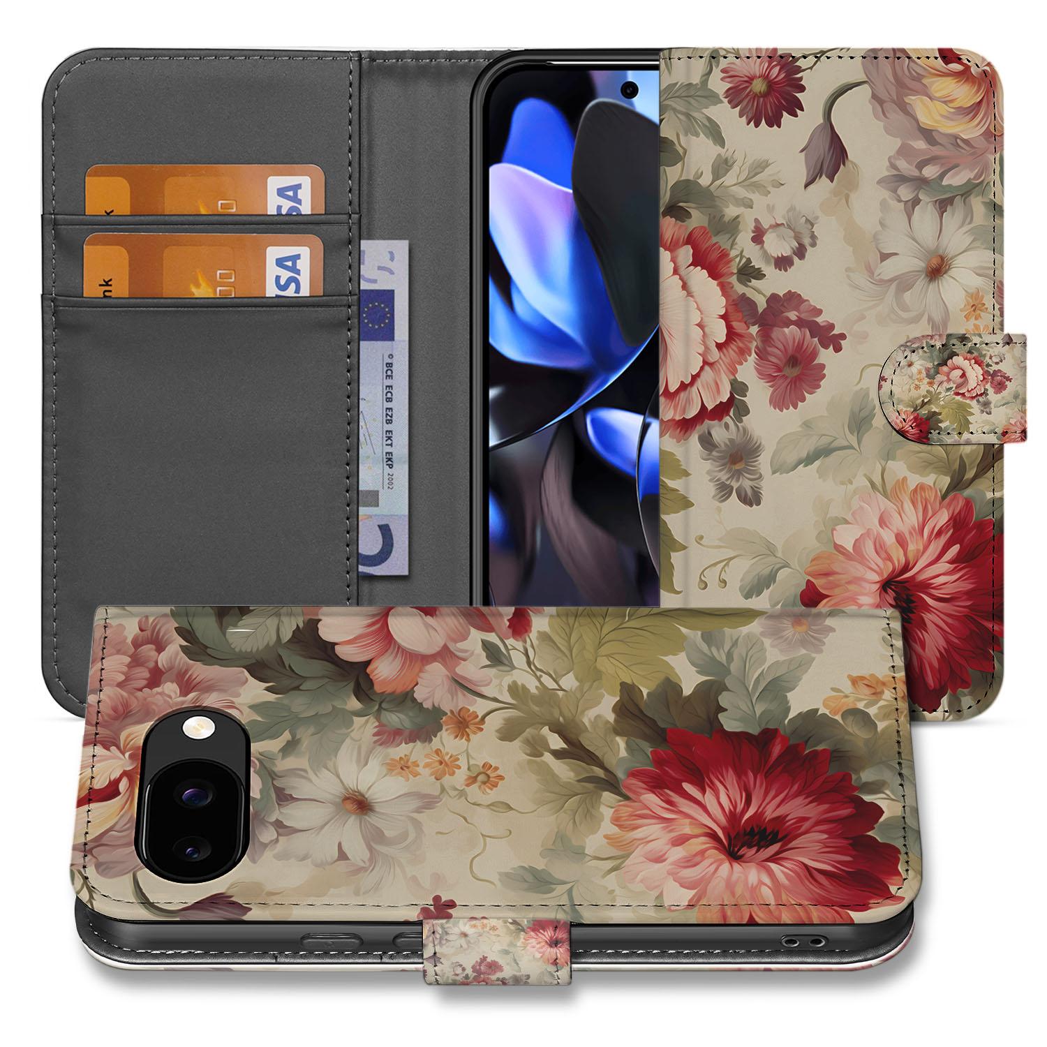 Google Pixel 9a Elegante Portemonnee Hoesje met Kleurrijke Bloemenprint bloemenprint design aanzicht