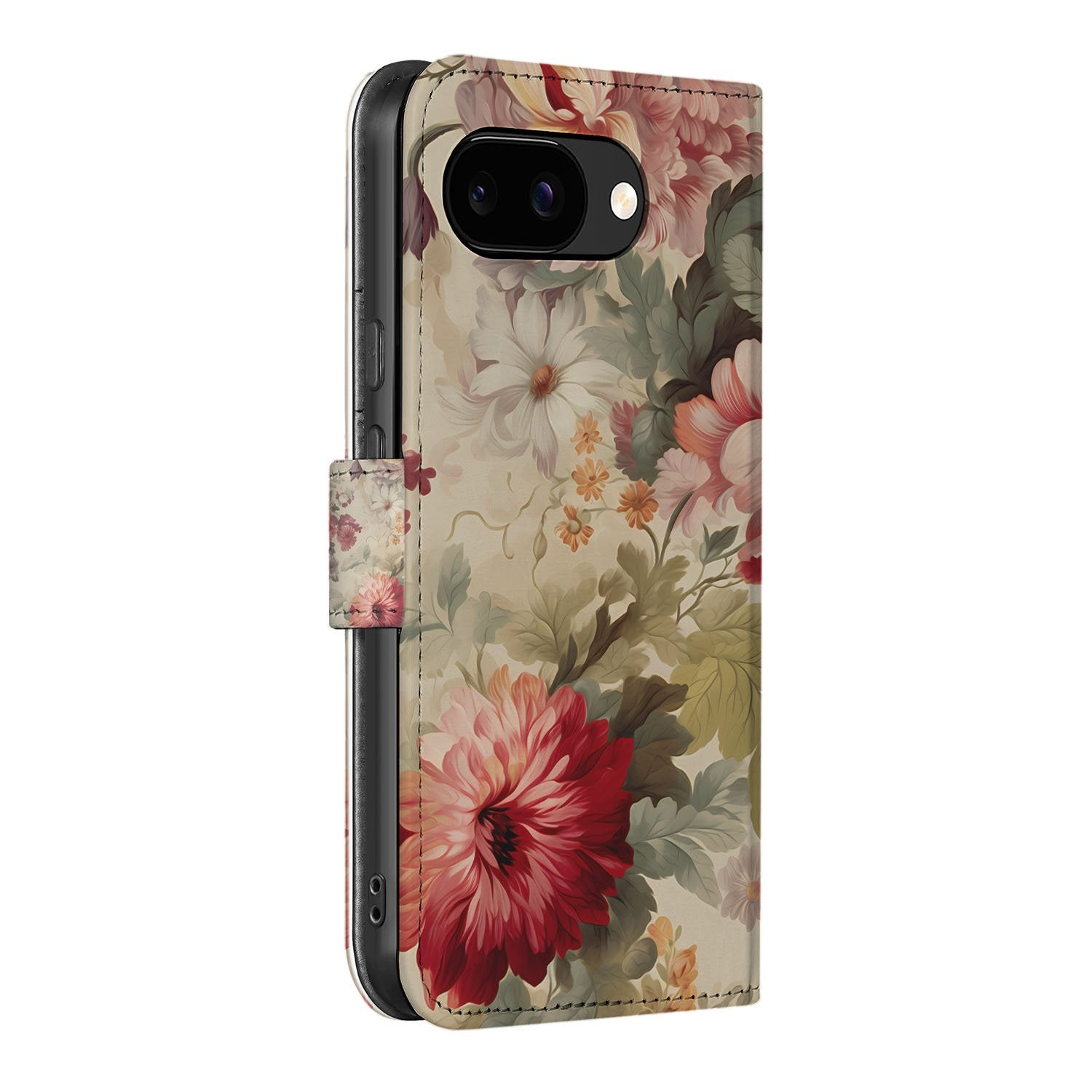Google Pixel 9a Elegante Portemonnee Hoesje met Kleurrijke Bloemenprint bloemenprint zijde uitzicht