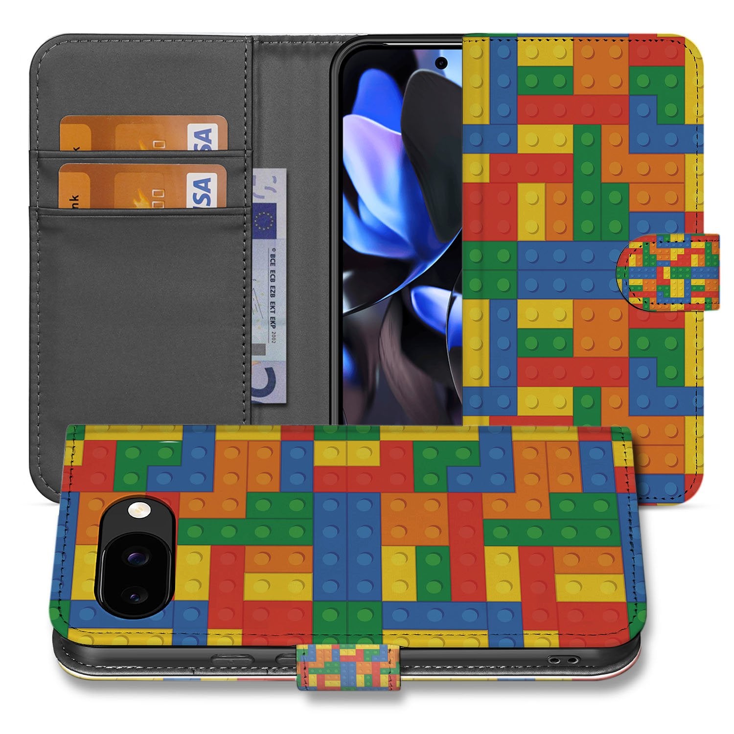 Blokken Design Google Pixel 9a Book Case & Portemonnee Hoesje kleurrijk ontwerp voorzijde