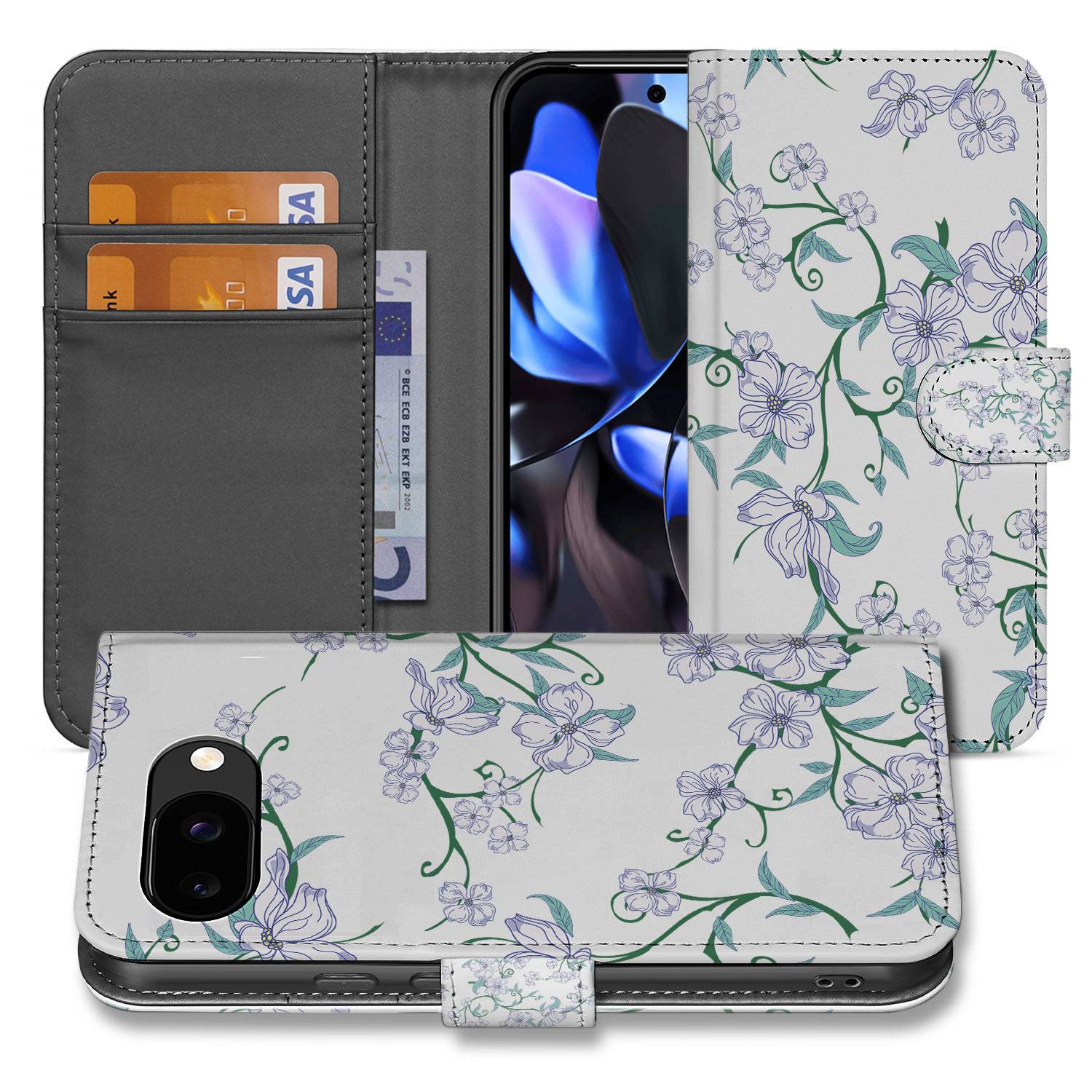 Book Case Google Pixel 9a Blossom White Portemonnee Hoesje bloemenmotief pasjeshouder aanzicht