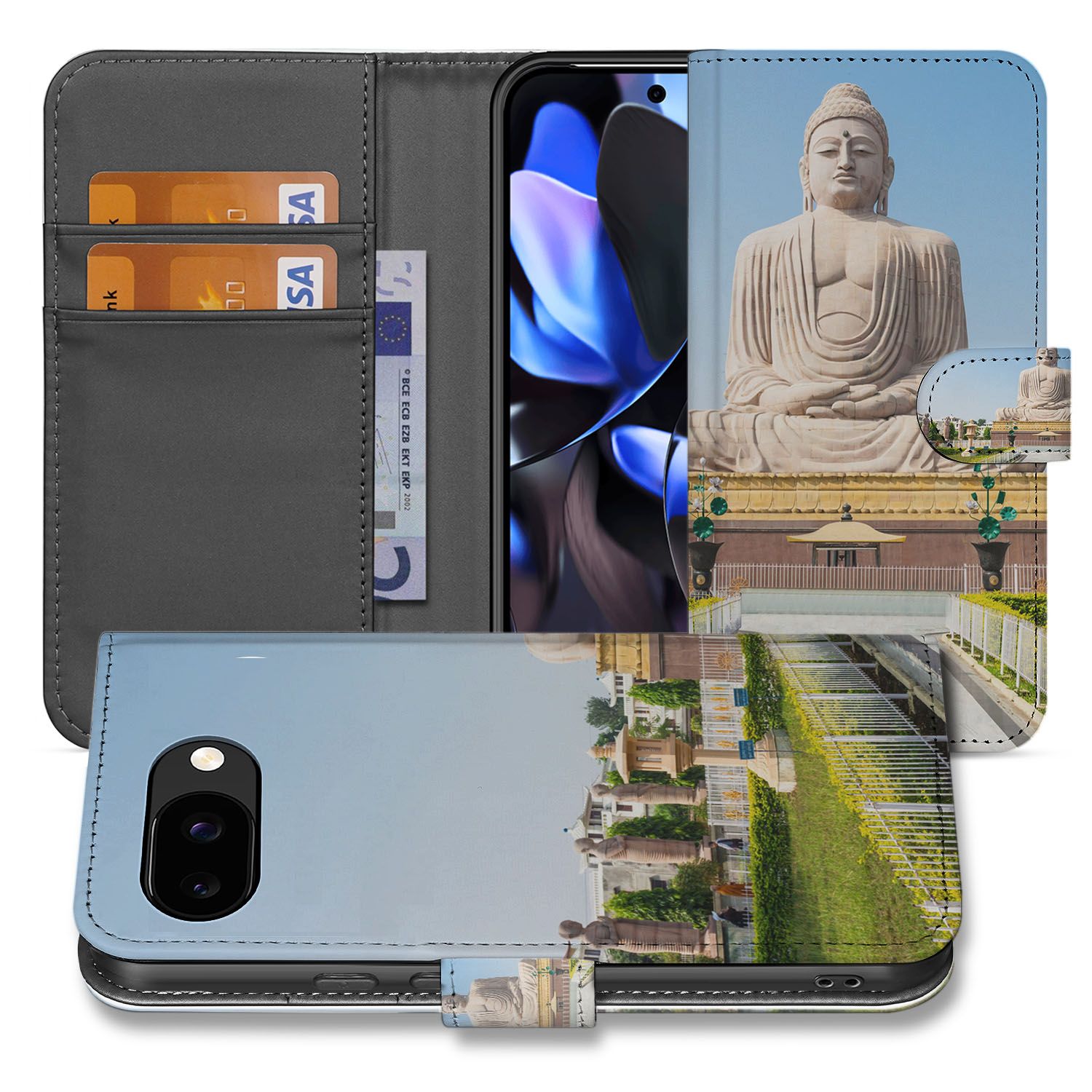 Boeddha Google Pixel 9a Book Case Portemonnee Hoesje kunstleer buitenlaag kaartvakken vooraanzicht
