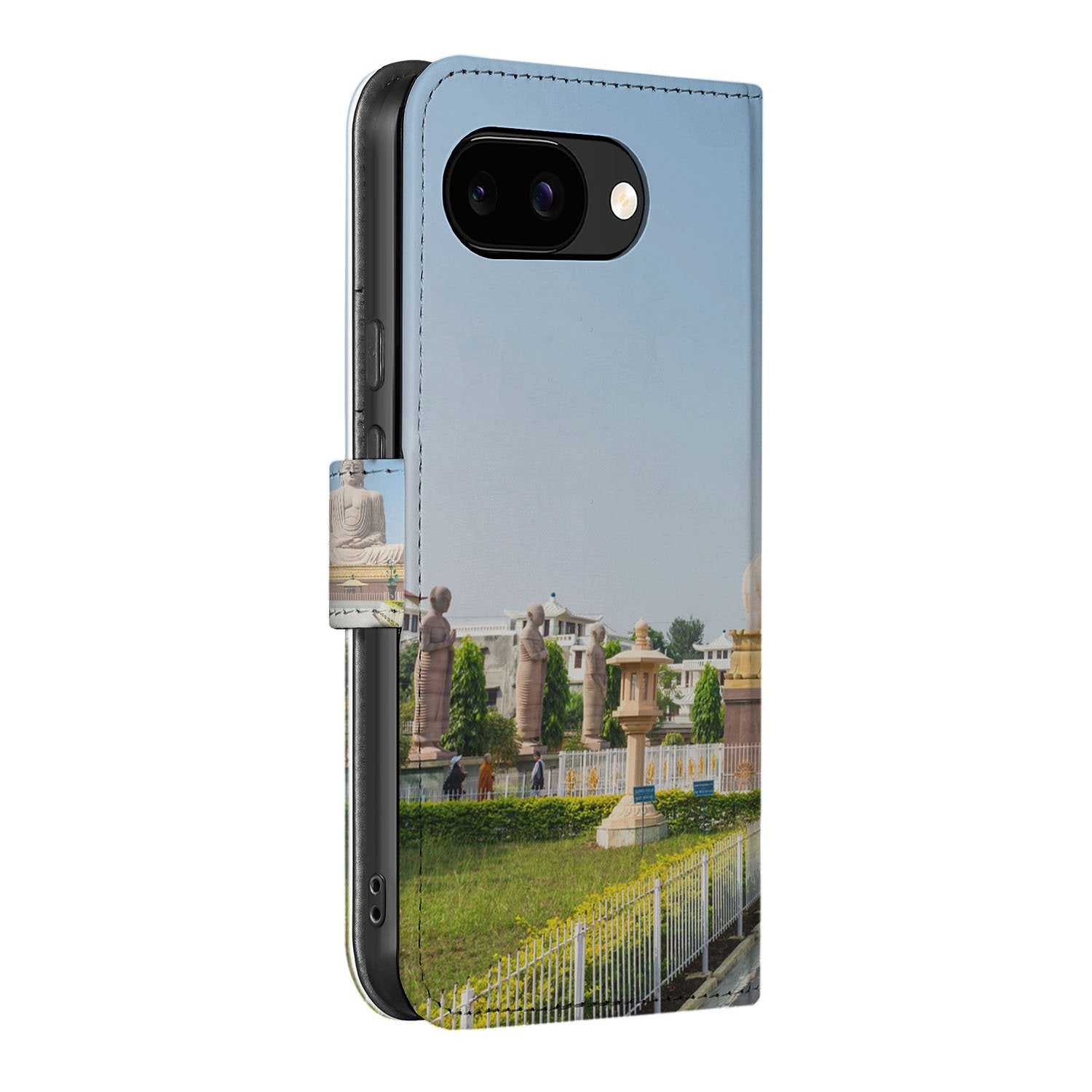 Boeddha Google Pixel 9a Book Case Portemonnee Hoesje met Kunstleer Buitenlaag en Kaartvakken buitenaanzicht