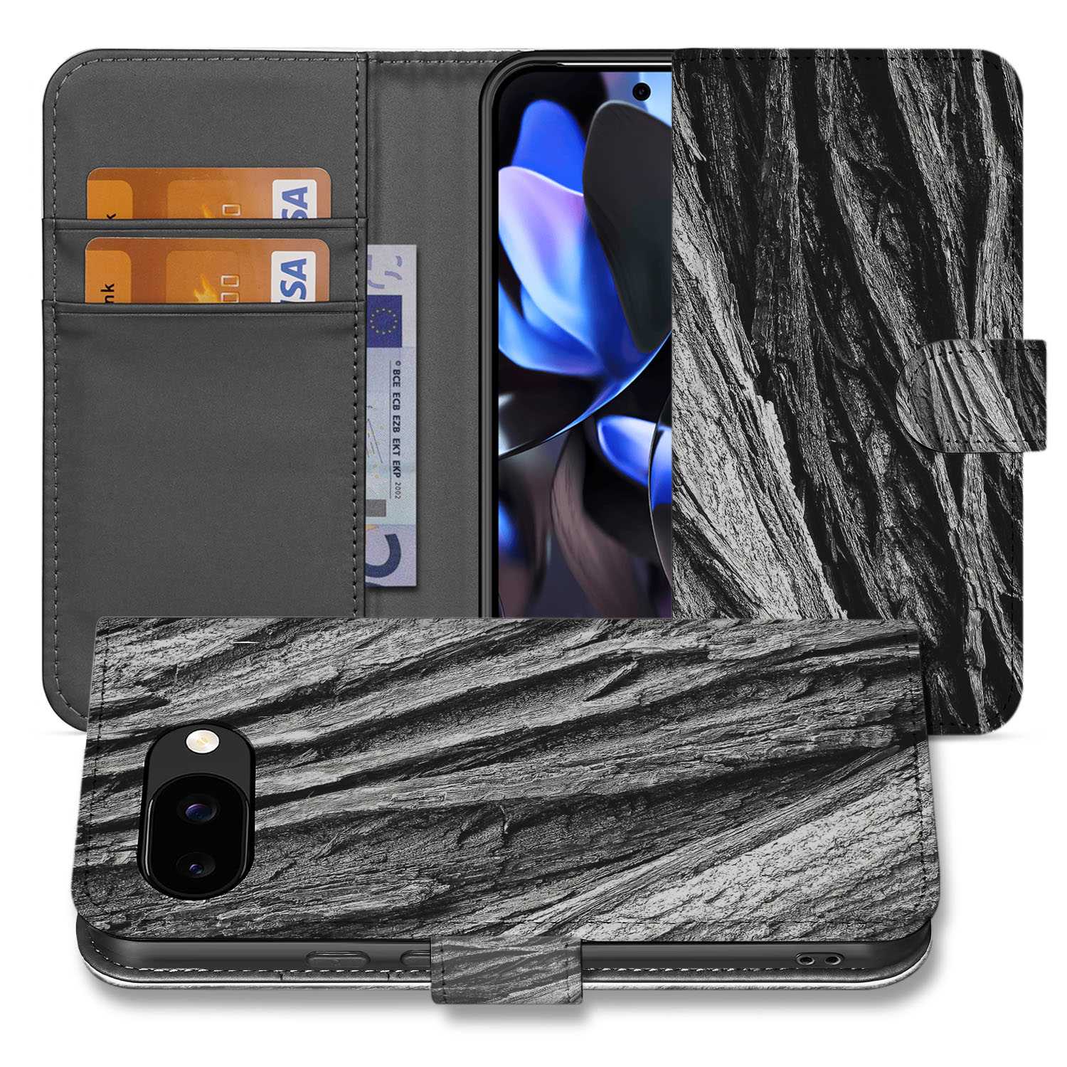 Boomschors Google Pixel 9a Book Case Portemonnee Hoesje grijs rustiek kunstleer design aanzicht
