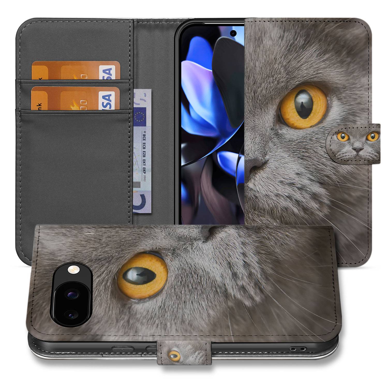 Google Pixel 9a Book Case En Portemonnee Hoesje Met Britse Korthaar Design voorzijde