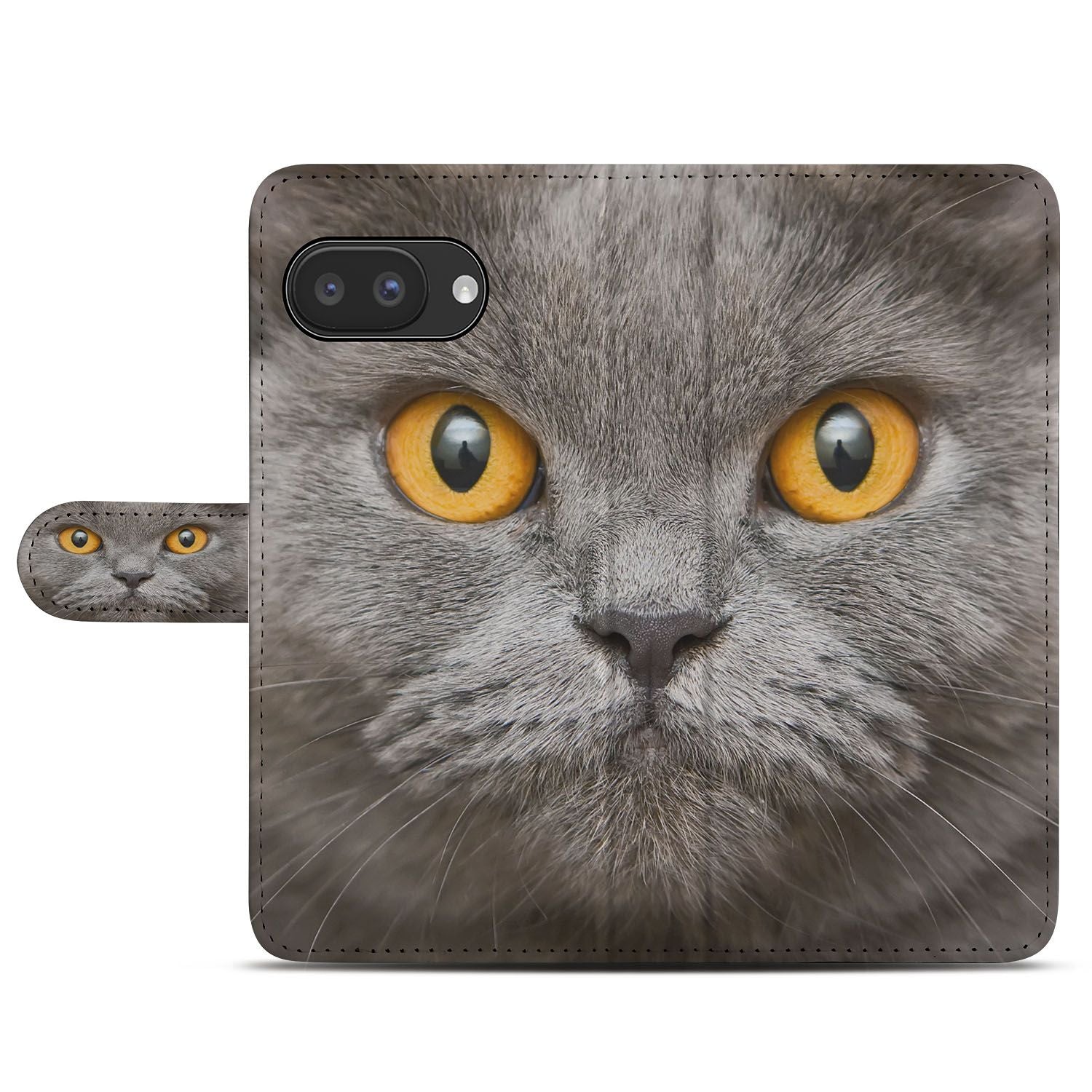 Google Pixel 9a Book Case En Portemonnee Hoesje Met Britse Korthaar Design kat gezichtsprint vooraan