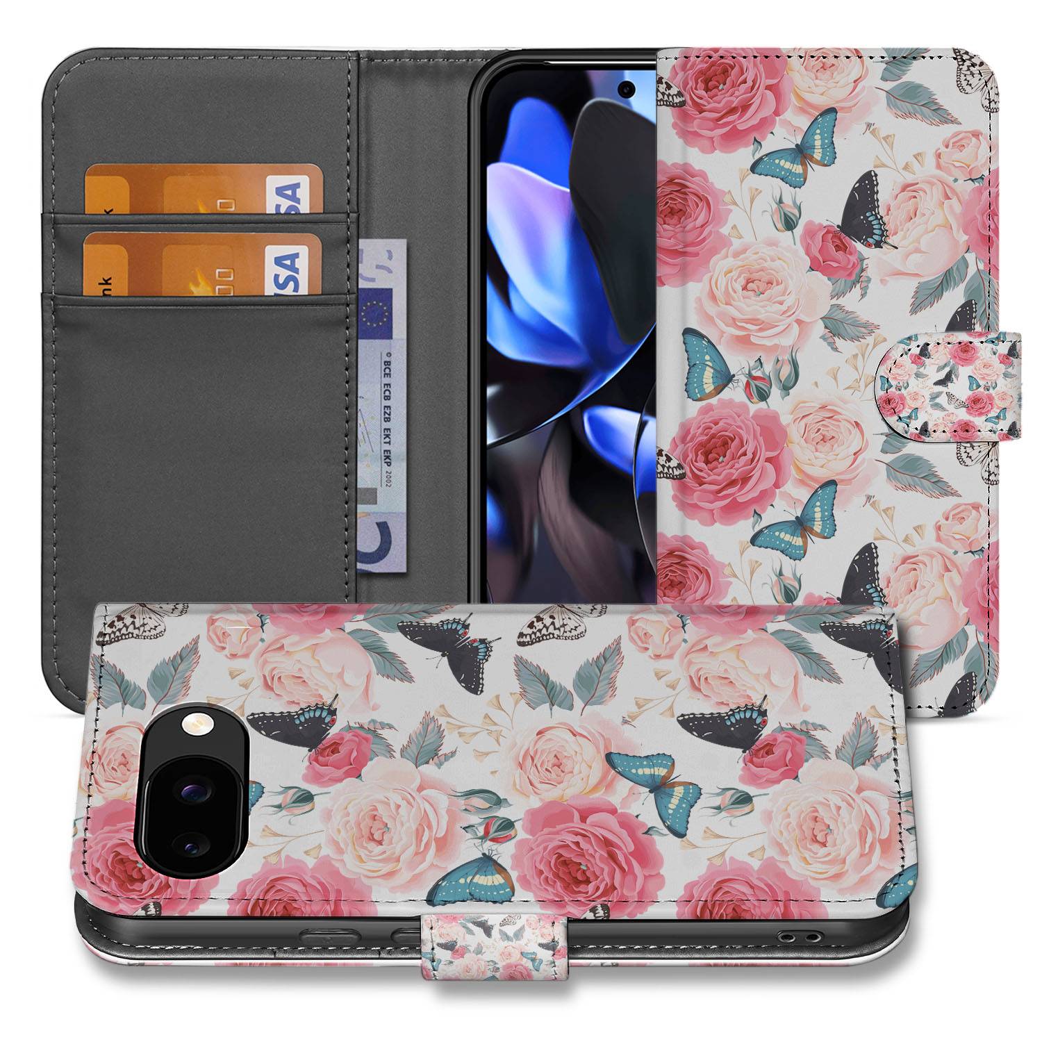 Butterfly Roses Google Pixel 9a Book Case Portemonnee Hoesje roze rozen vlinders aanzicht