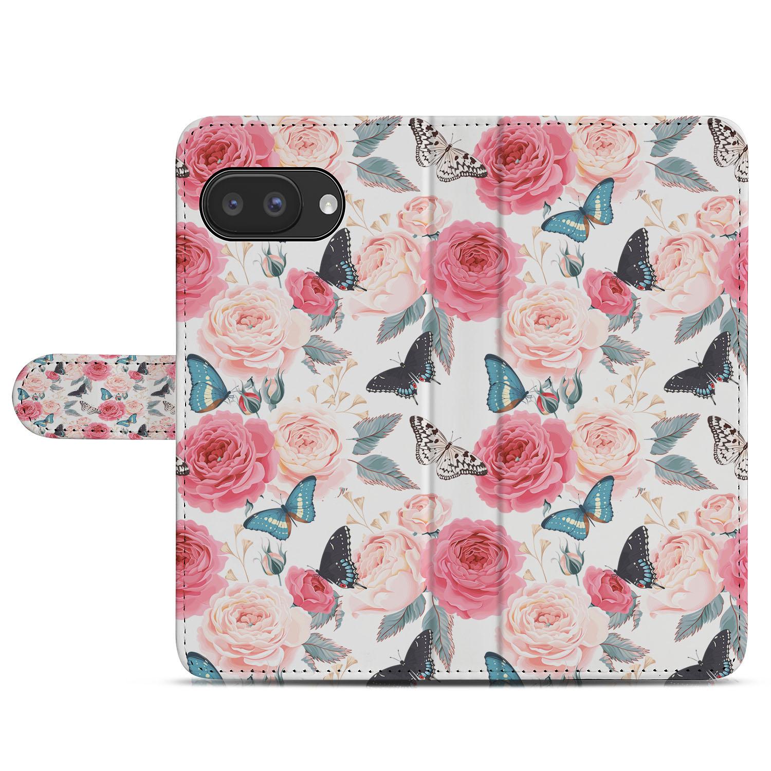 Butterfly Roses Google Pixel 9a Book Case Portemonnee Hoesje rozen vlinders design voorkant