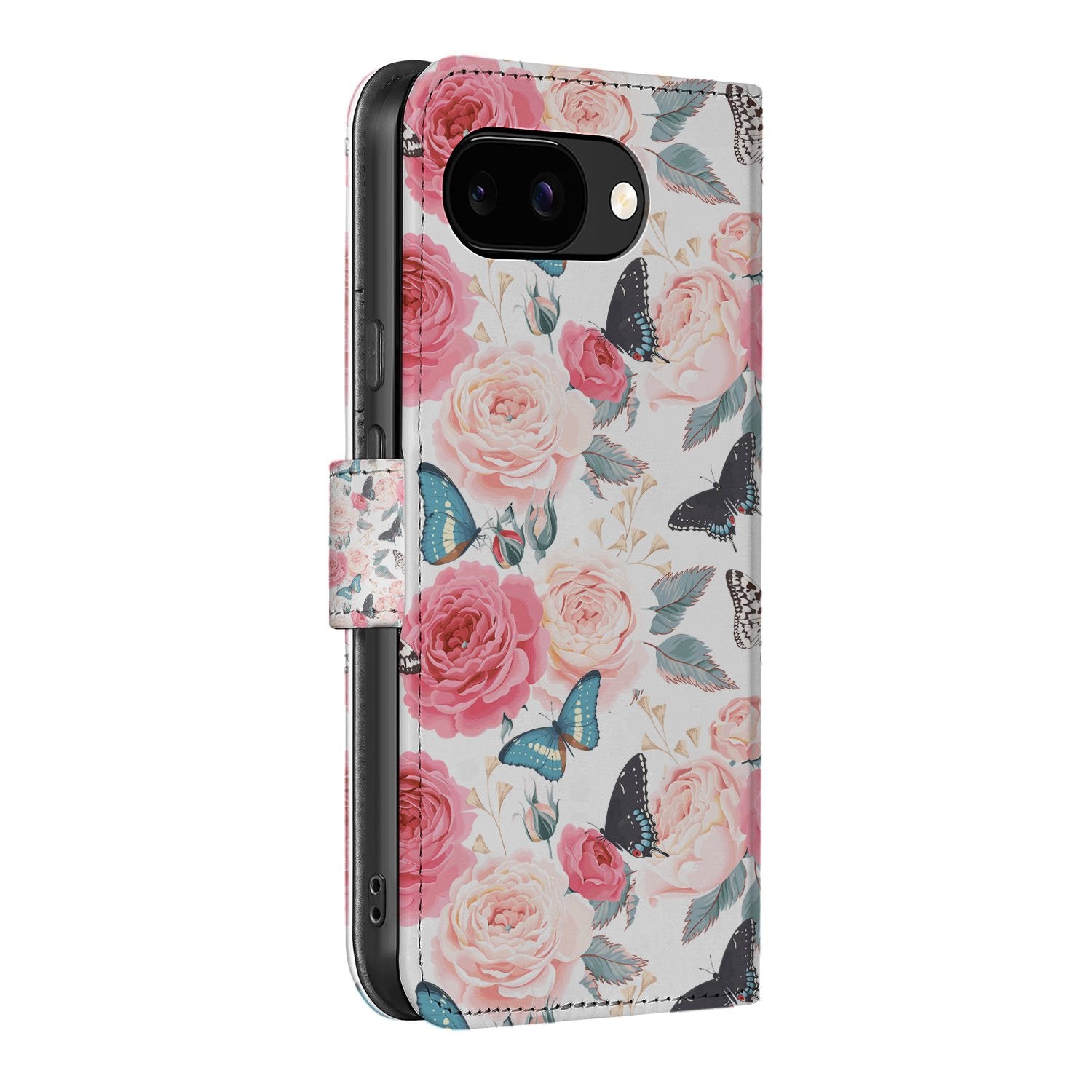 Butterfly Roses Google Pixel 9a Book Case Portemonnee Hoesje rozen vlinders aanzicht