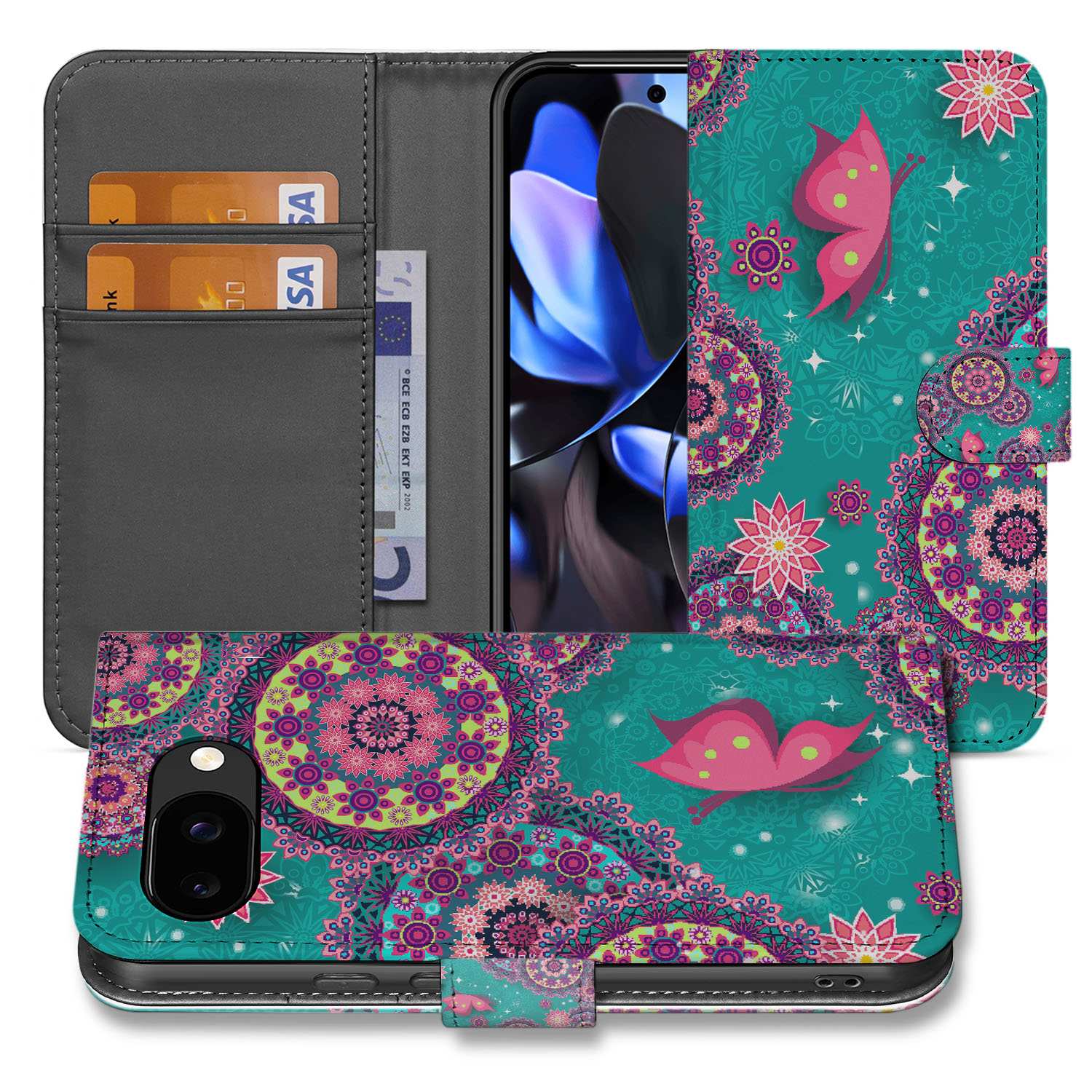 Google Pixel 9a Book Case Portemonnee Hoesje Cirkel Vlinderprint mandala cirkels vlinders turquoise