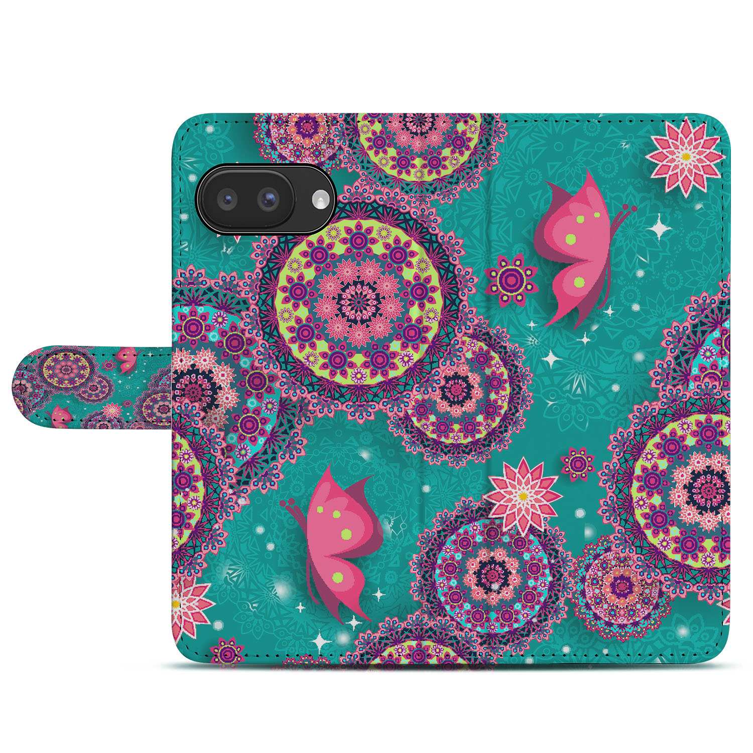 Google Pixel 9a Book Case Portemonnee Hoesje Cirkel Vlinderprint aanzicht