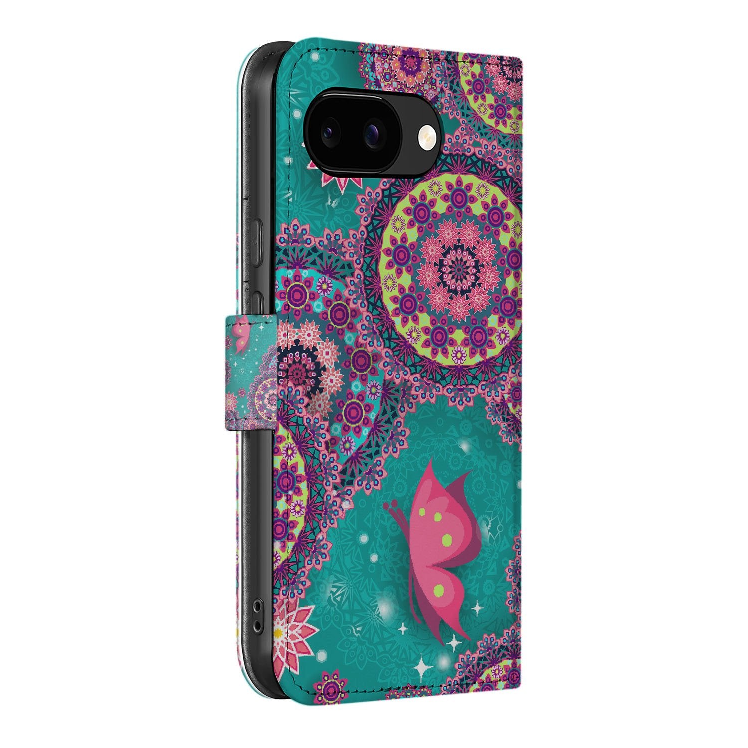 Google Pixel 9a Book Case Portemonnee Hoesje Cirkel Vlinderprint zijaanzicht