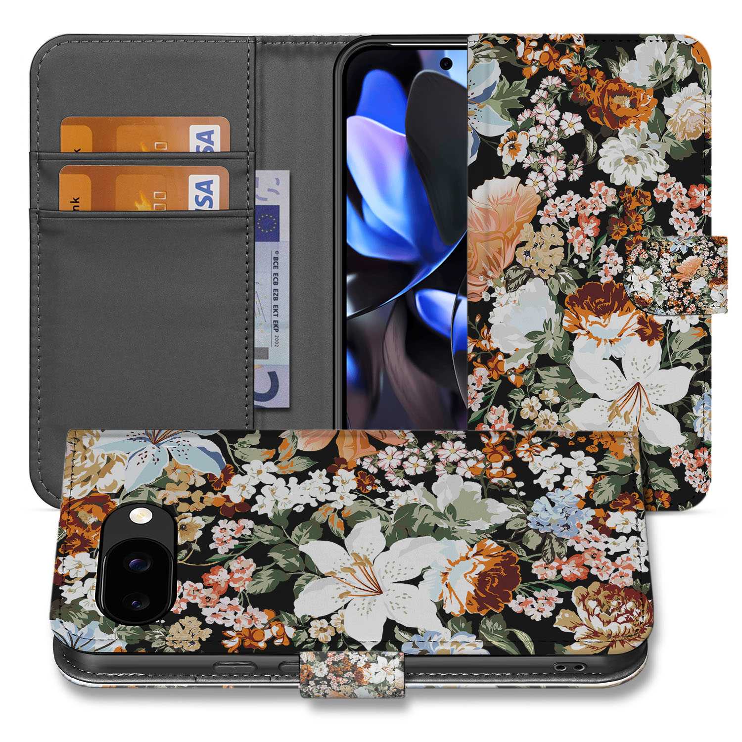 Google Pixel 9a Dark Flowers Portemonnee Hoesje Book Case vooraanzicht