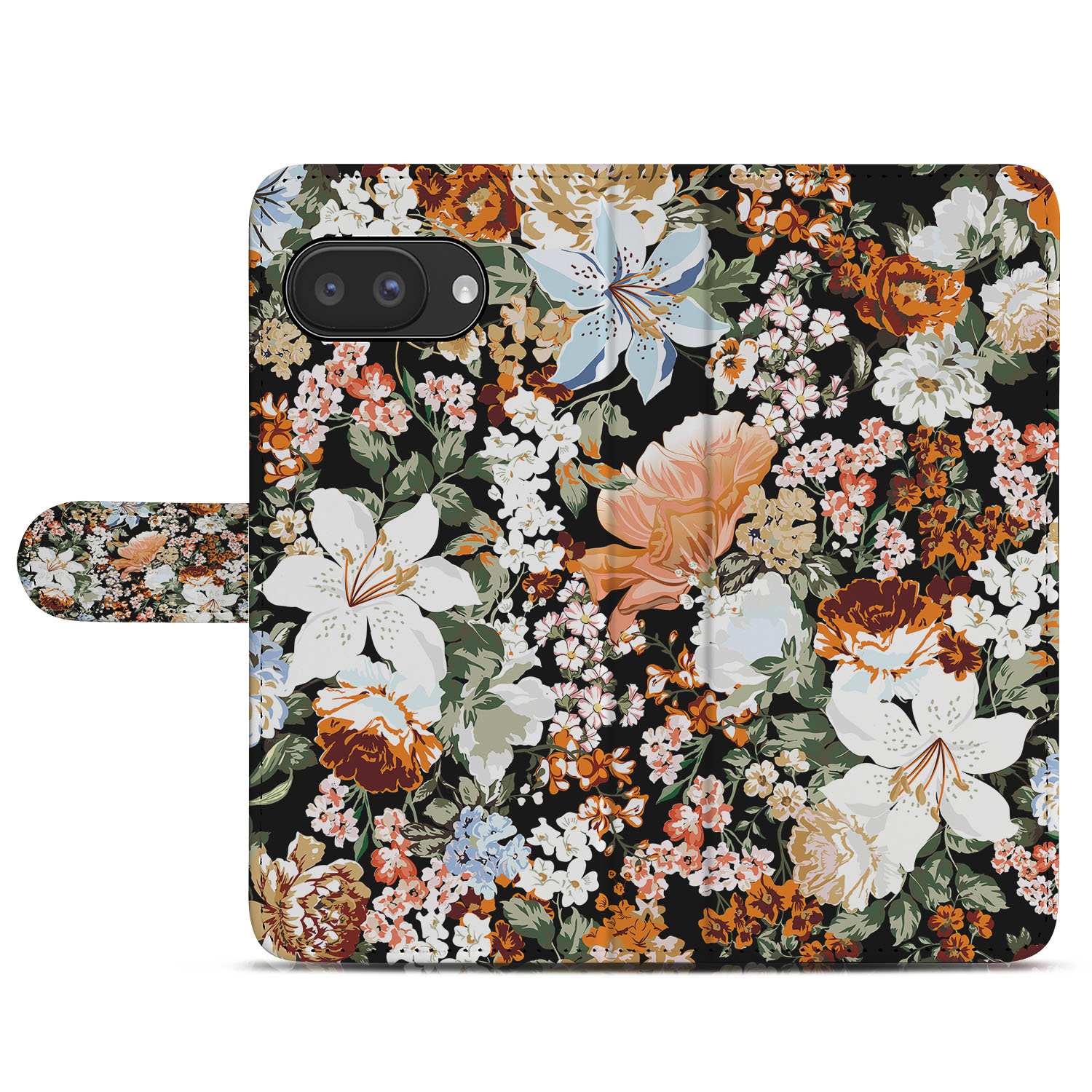 Google Pixel 9a Dark Flowers Portemonnee Hoesje Book Case bloemen patroon achterkant