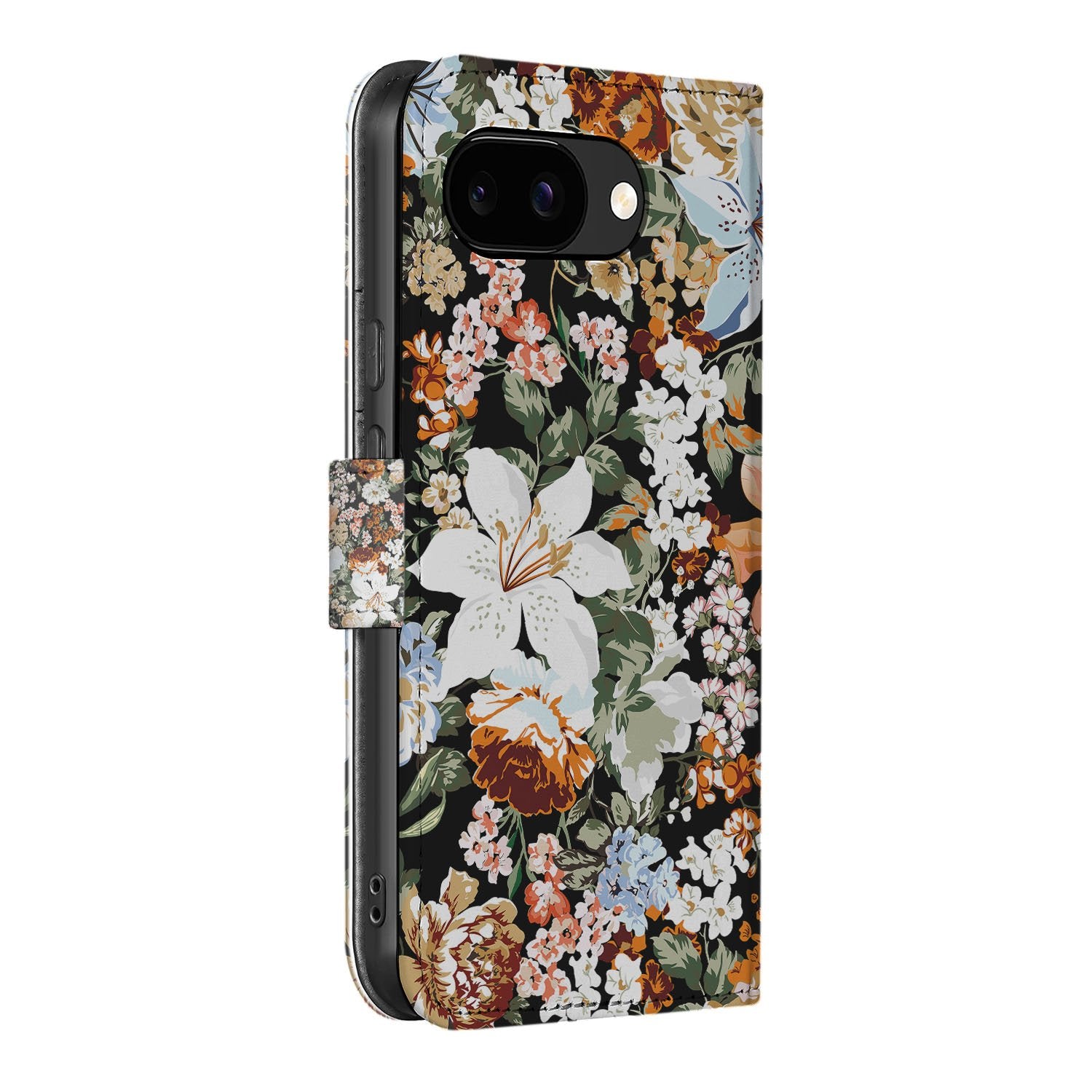 Google Pixel 9a Dark Flowers Portemonnee Hoesje Boek Case zijaanzicht