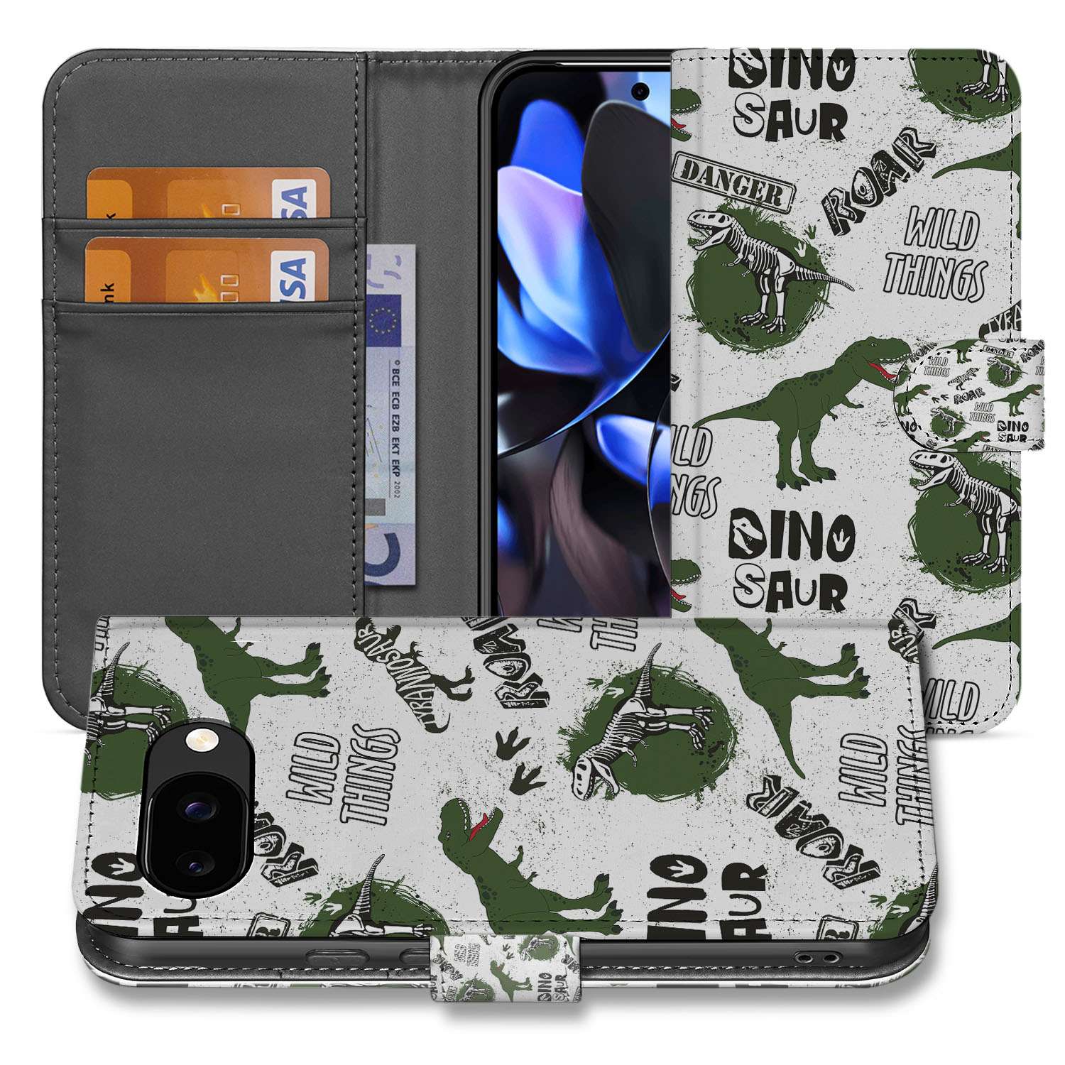 Google Pixel 9a Book Case En Portemonnee Hoesje Dino Print Met Pasjes Telefoonhoesje dino print design overzicht