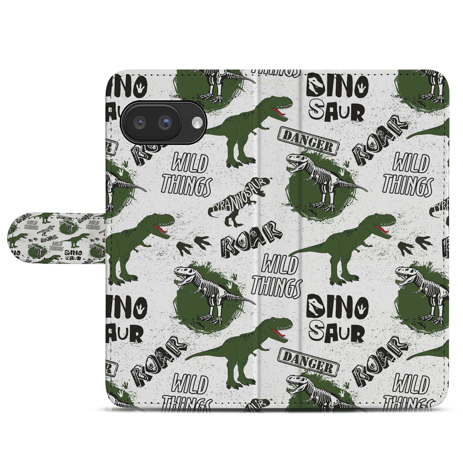 Google Pixel 9a Book Case En Portemonnee Hoesje Dino Print Met Pasjes Telefoonhoesje dino print voorkant