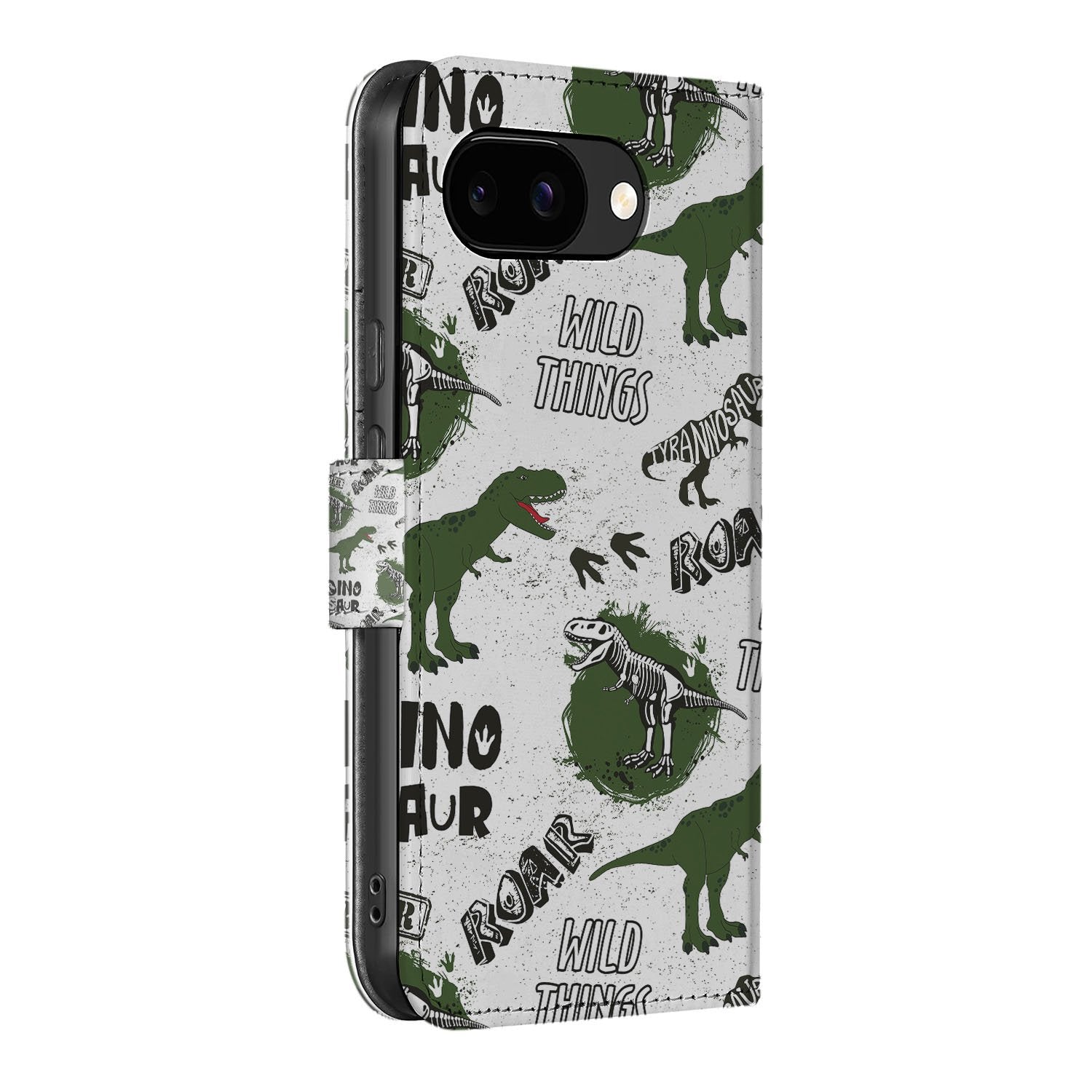 Google Pixel 9a Book Case En Portemonnee Hoesje Dino Print Met Pasjes Telefoonhoesje dino print design zijaanzicht