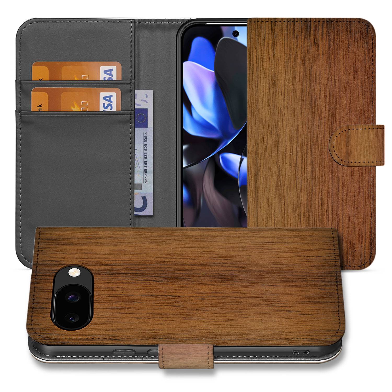 Donker Hout Google Pixel 9a Book Case En Portemonnee Hoesje vooraanzicht ontwerp