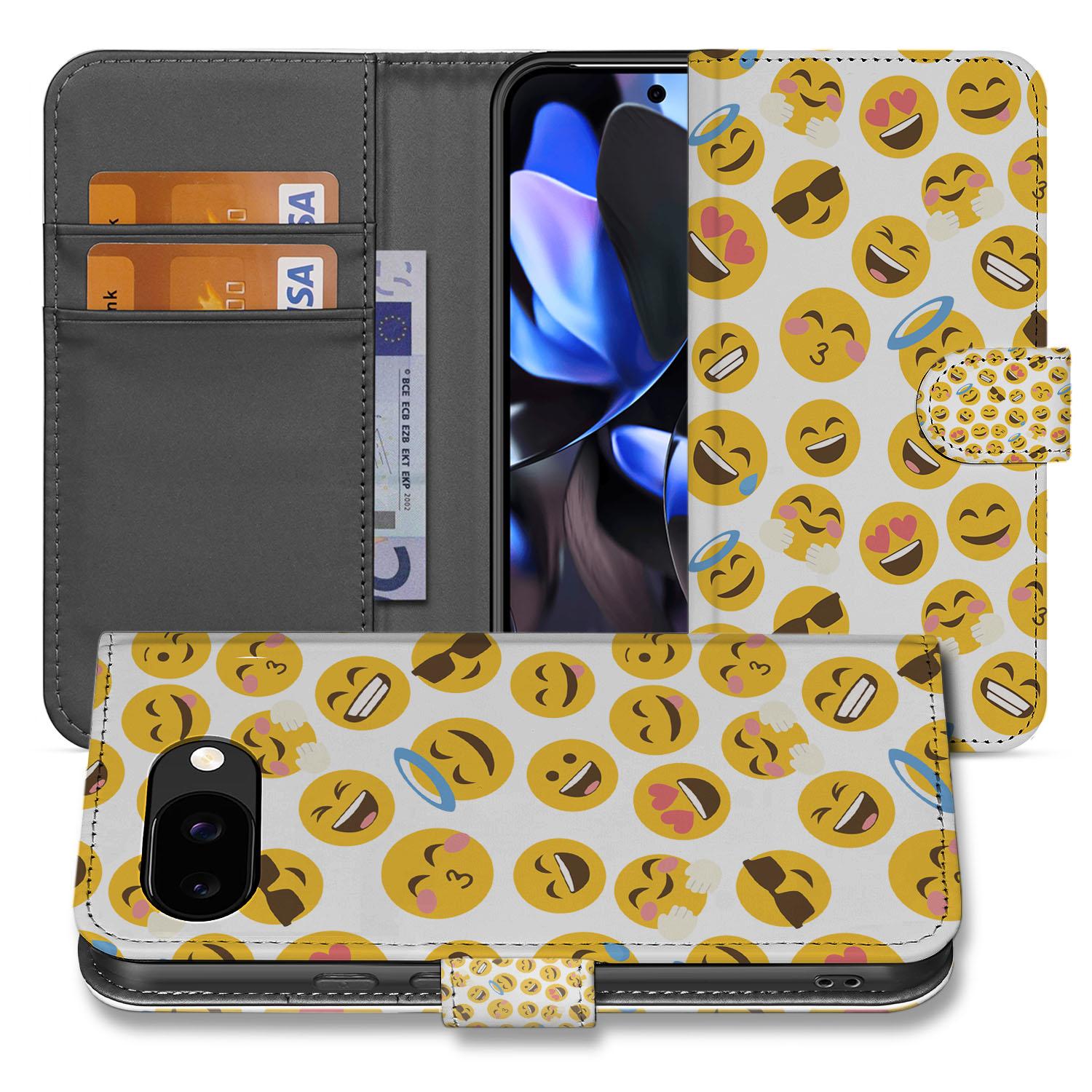 Google Pixel 9a Emoji Fiesta Book Case vrolijk design voorkant binnenkant