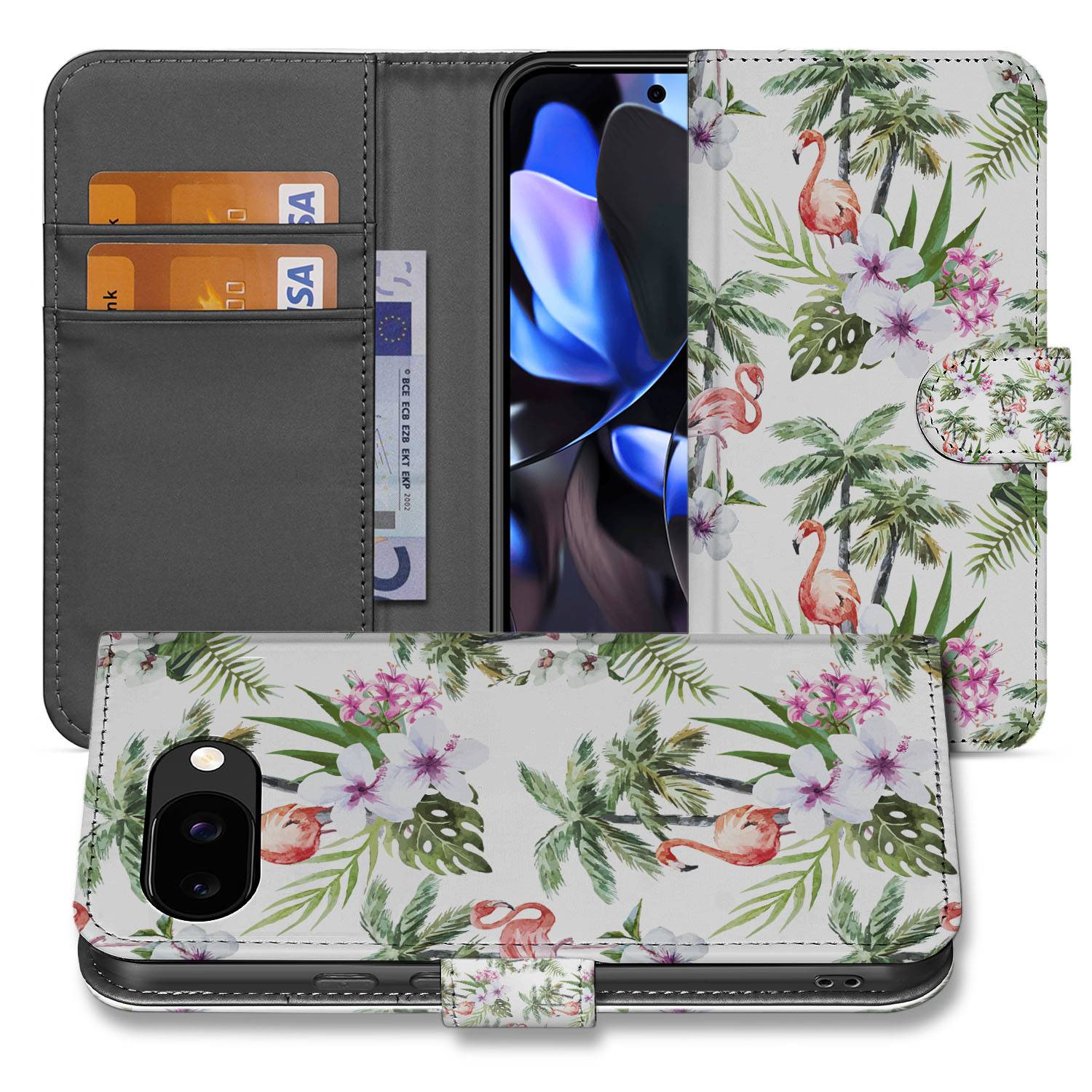 Book Case Portemonnee Hoesje Google Pixel 9a Flamingo Palms tropisch design voorkant en achterkant