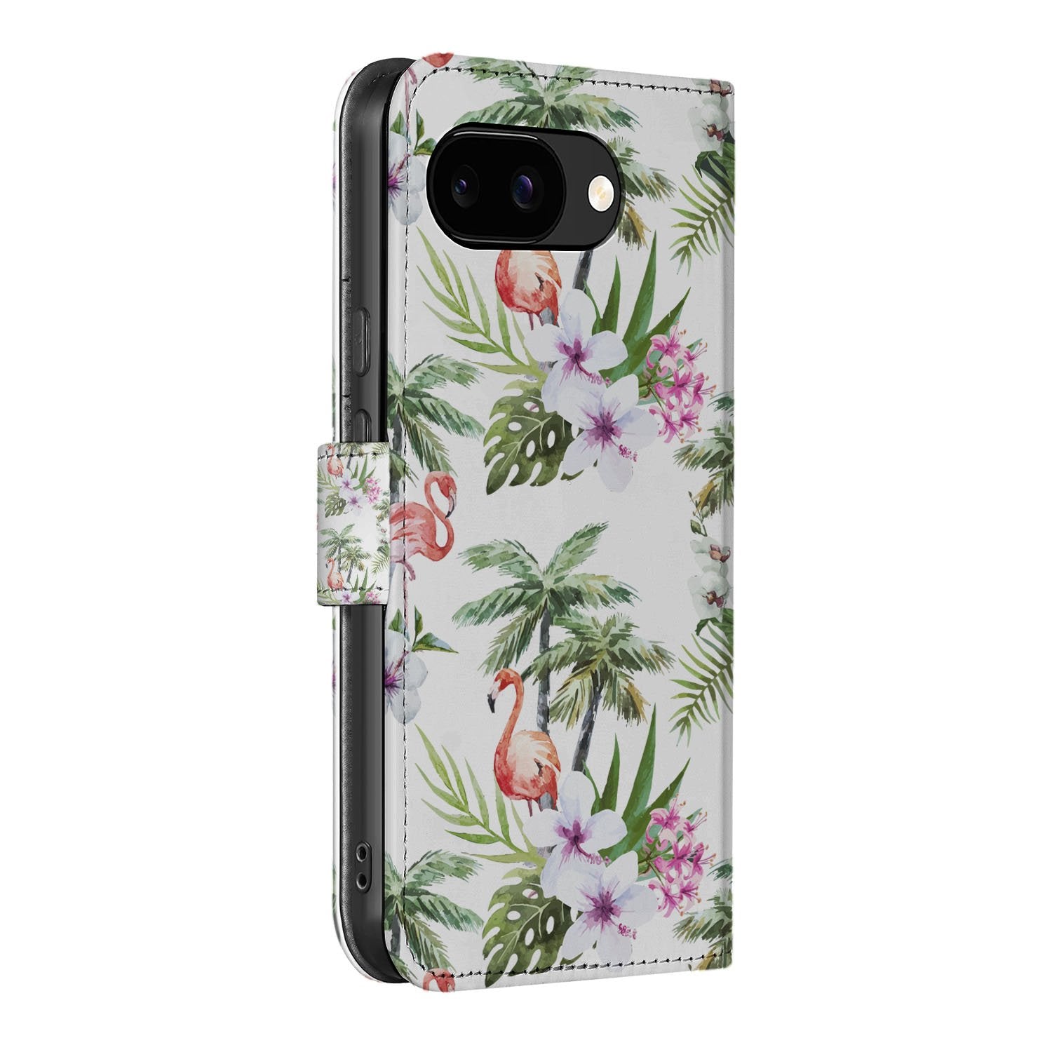 Book Case Portemonnee Hoesje Google Pixel 9a Flamingo Palms tropisch design zijaanzicht