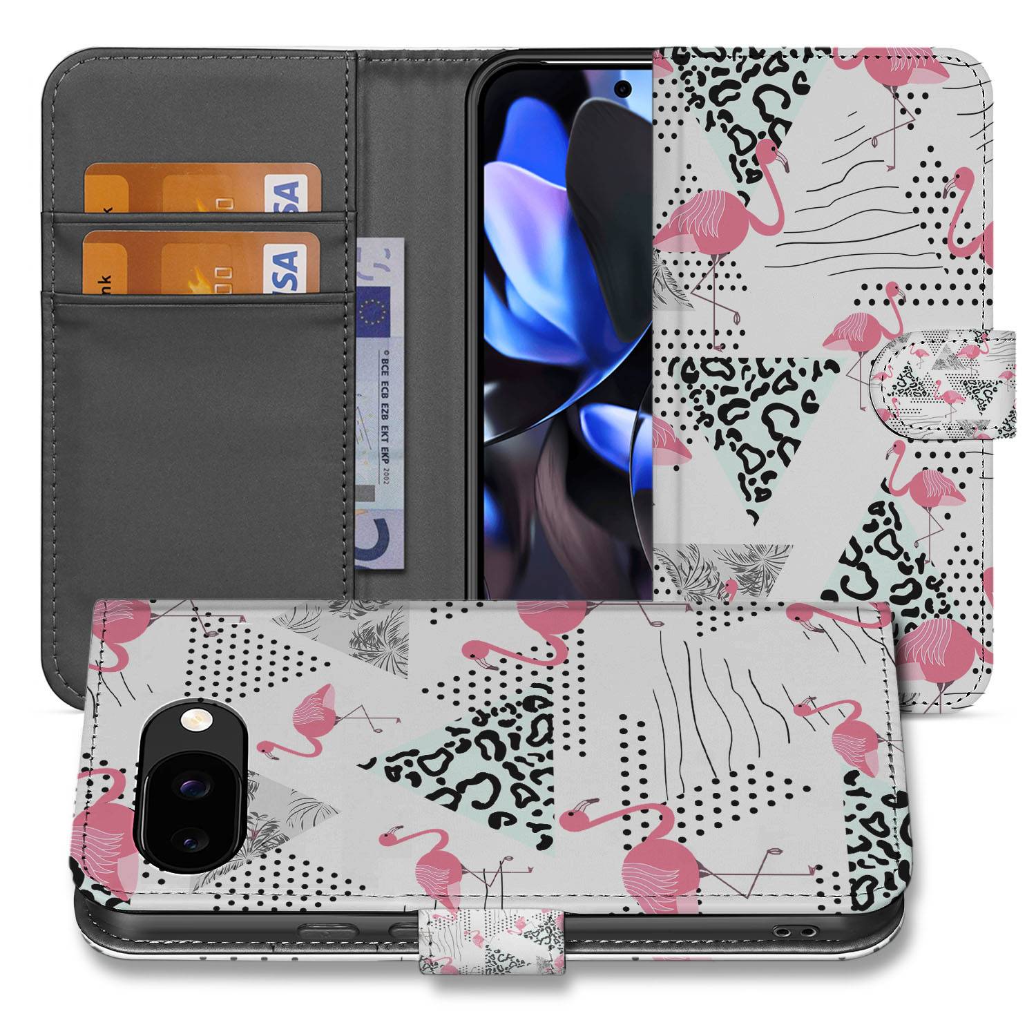Flamingo Triangle Google Pixel 9a Book Case Portemonnee Hoesje flamingo driehoek design gesloten